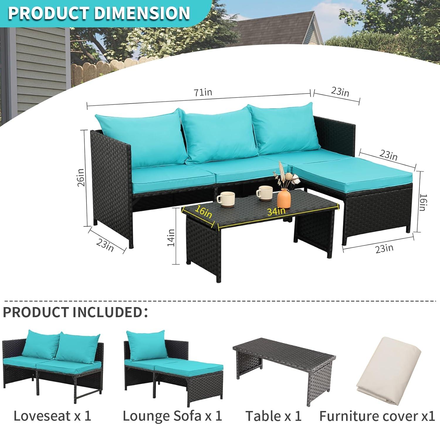 Valita 3-Piece Outdoor PE Rattan Furniture Set Patio Black Wicker Conversation Loveseat Sofa Sectional Couch Turquoise Cushion