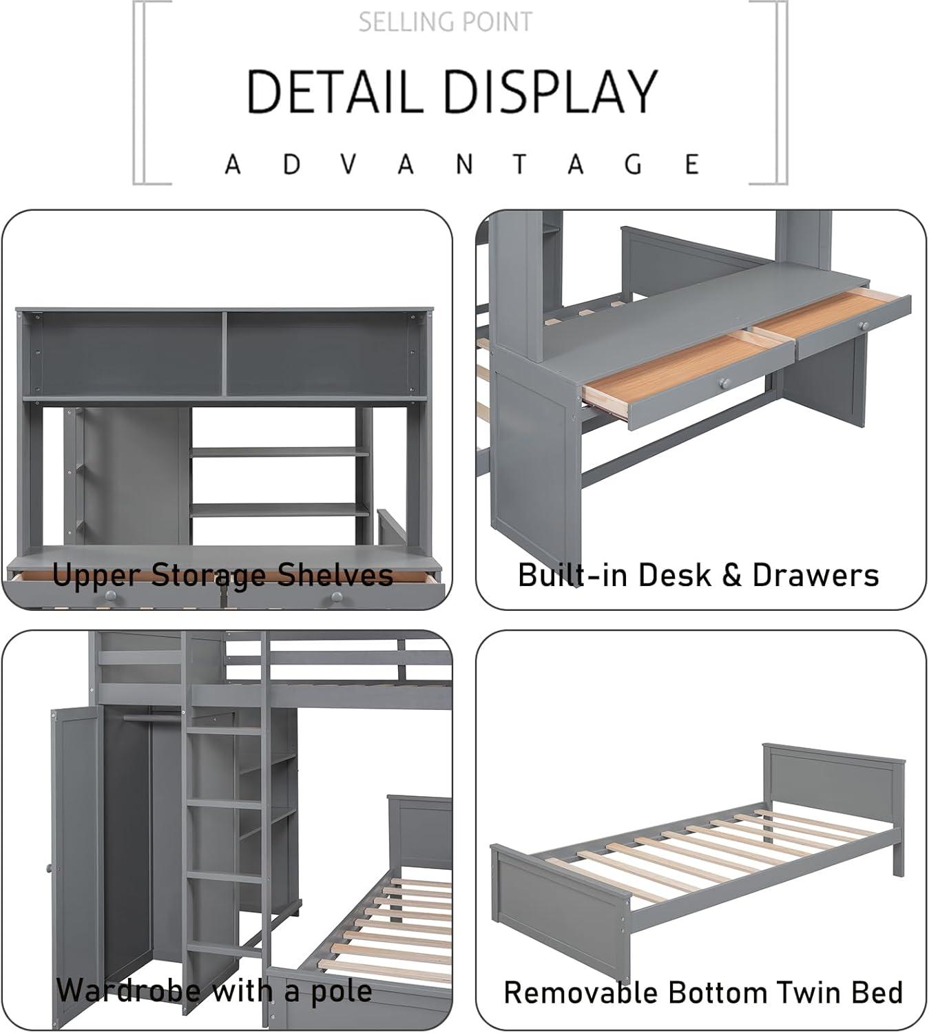 Full Over Twin Bunk Bed with Desk, Wardrobe and Storage Shelves, Loft Bed with A Stand-Alone Bed, Wooden Loft Bed Frame with Safety Guardrails & Slats Support, Bottom Bed Can Be Moved, Gray