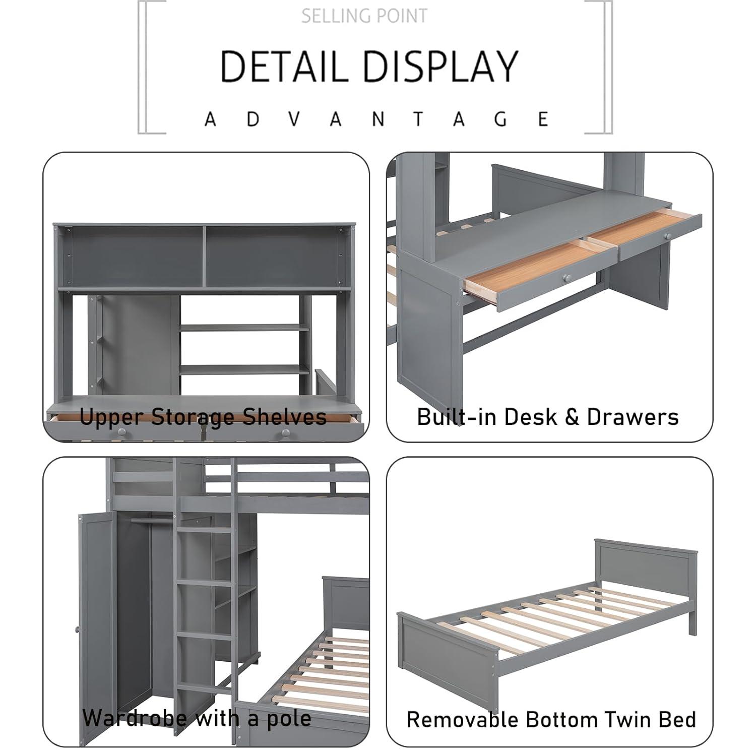 Full Over Twin Bunk Bed with Desk, Wardrobe and Storage Shelves, Loft Bed with A Stand-Alone Bed, Wooden Loft Bed Frame with Safety Guardrails & Slats Support, Bottom Bed Can Be Moved, Gray