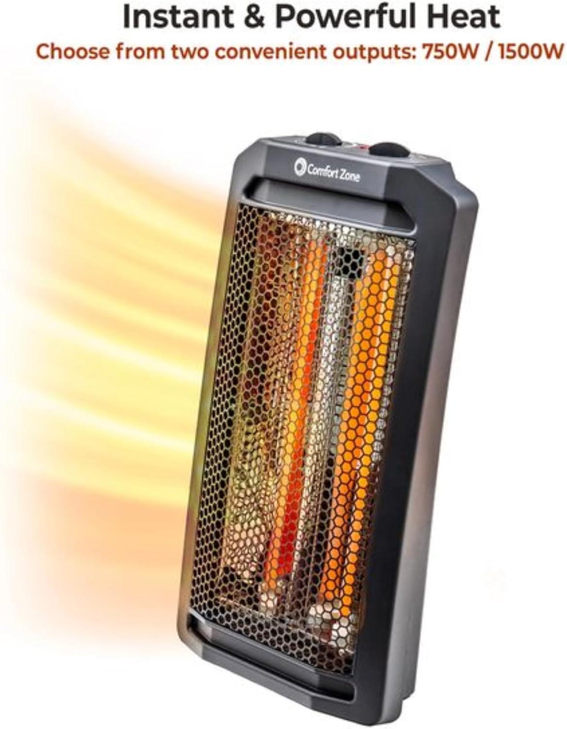 Comfort Zone 1500W Corded Electric Space Heater, 2 Heat Settings, Automatic Shutoff, for 350 sq ft