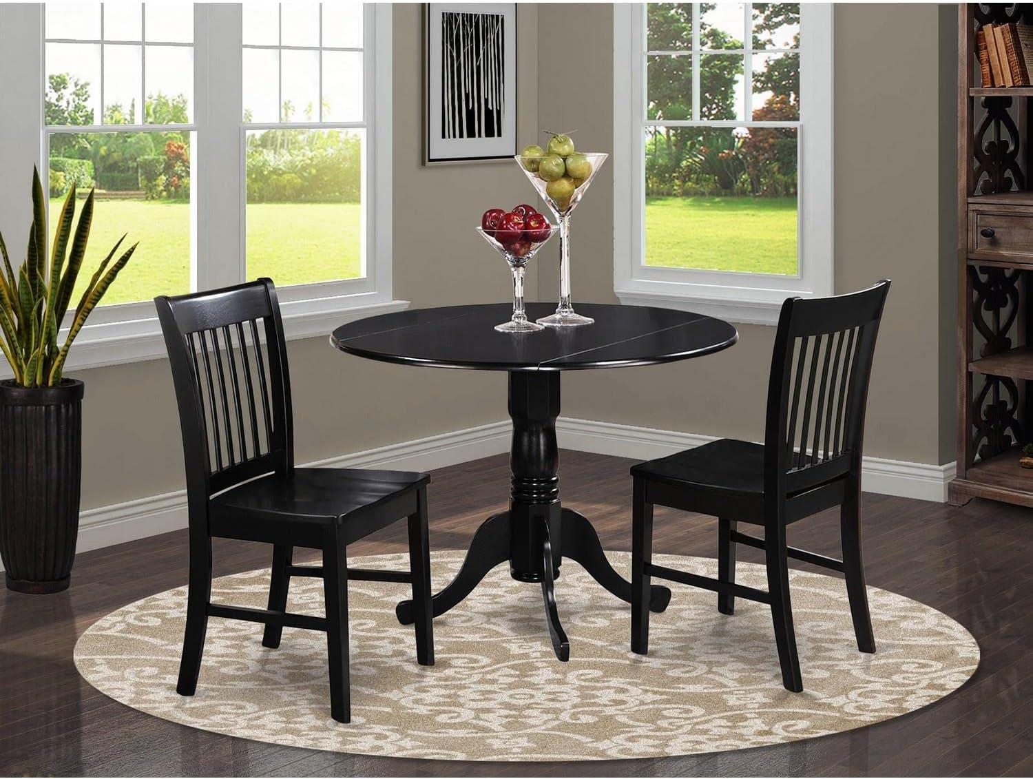 Black Round Drop Leaf Dining Table with 2 Wooden Chairs