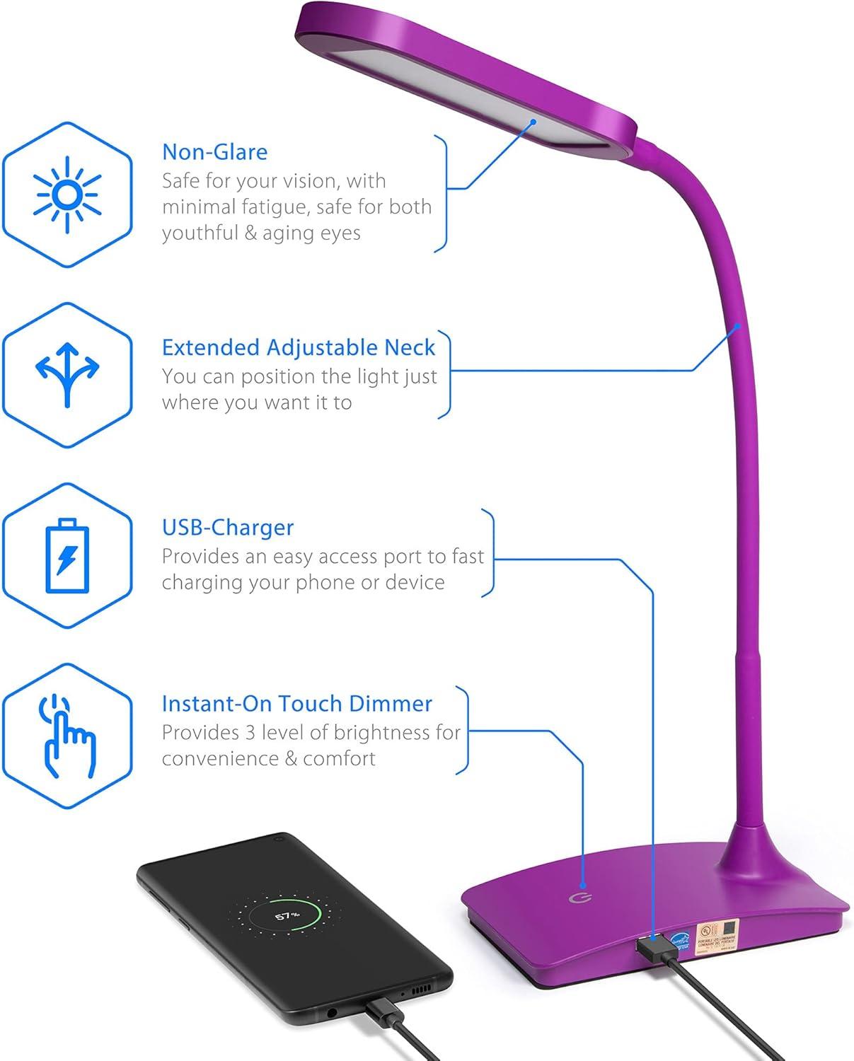 TW Lighting LED Desk Lamp with USB Charging Port Dimmable Study Home Office Lamps Black
