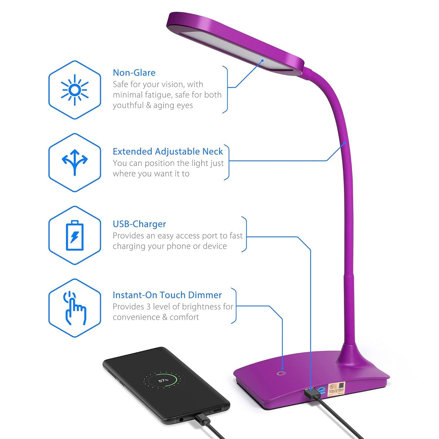 TW Lighting LED Desk Lamp with USB Charging Port Dimmable Study Home Office Lamps Black