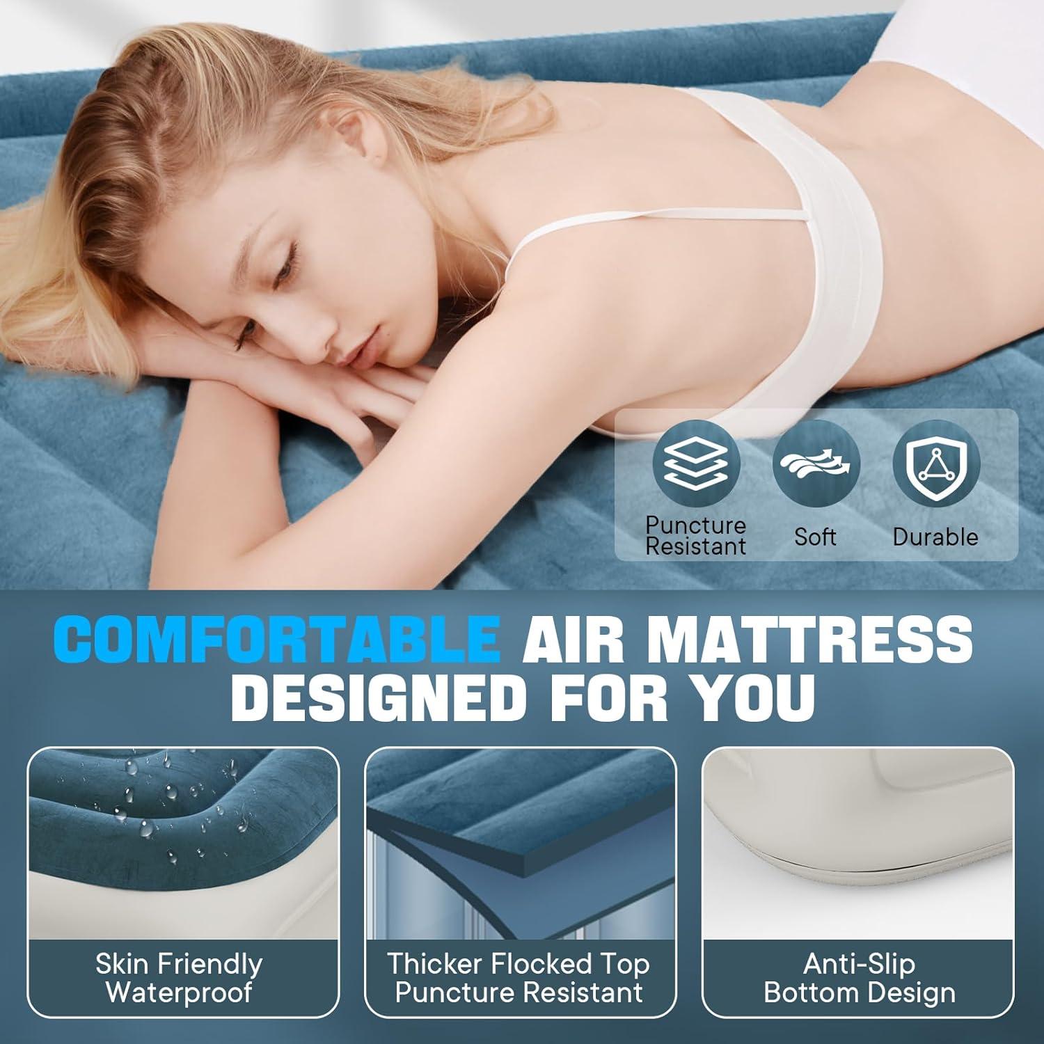 Queen Blue and White Raised Air Mattress with Built-in Pump