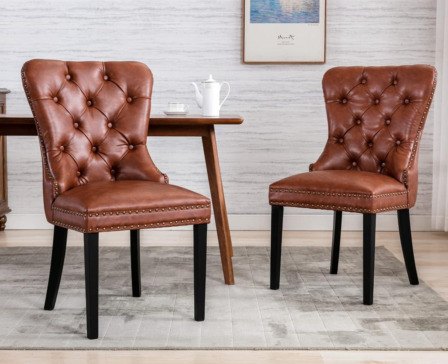 Brown Tufted Upholstered Side Chair with Wood Legs