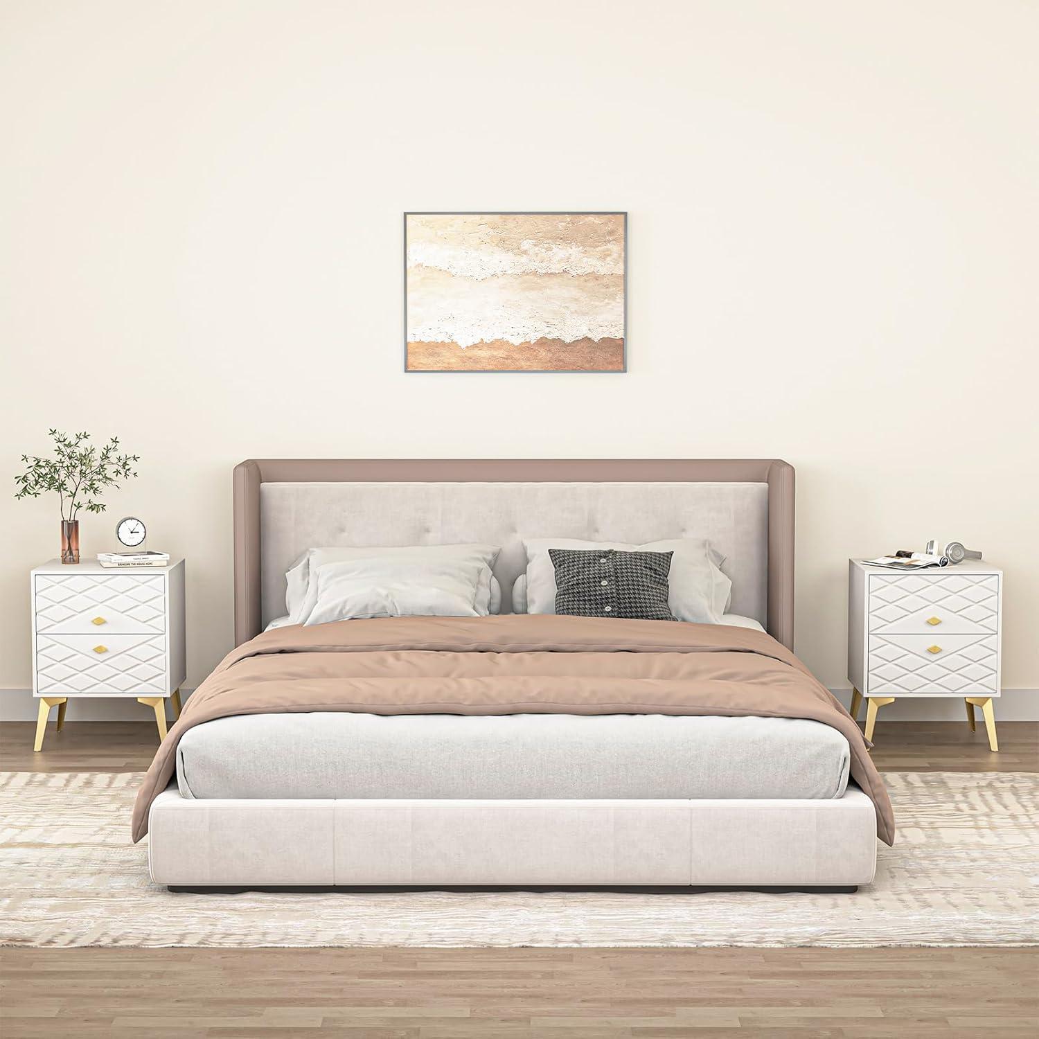 White and Gold Nightstand Set of 2,Modern Bedside Table with 2 Drawer for Bedroom,End Side Table with Gold Legs for Living Room,White Night Stand Set 2 for Bedroom