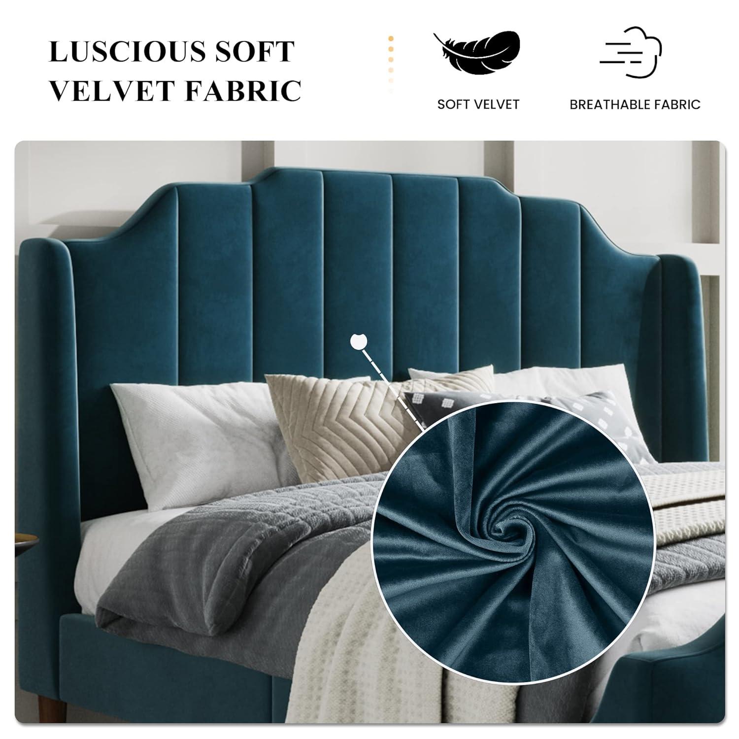 Sha Cerlin Queen Size Platform Bed Frame with Modern Curved Upholstered Wingback Headboard, Blue