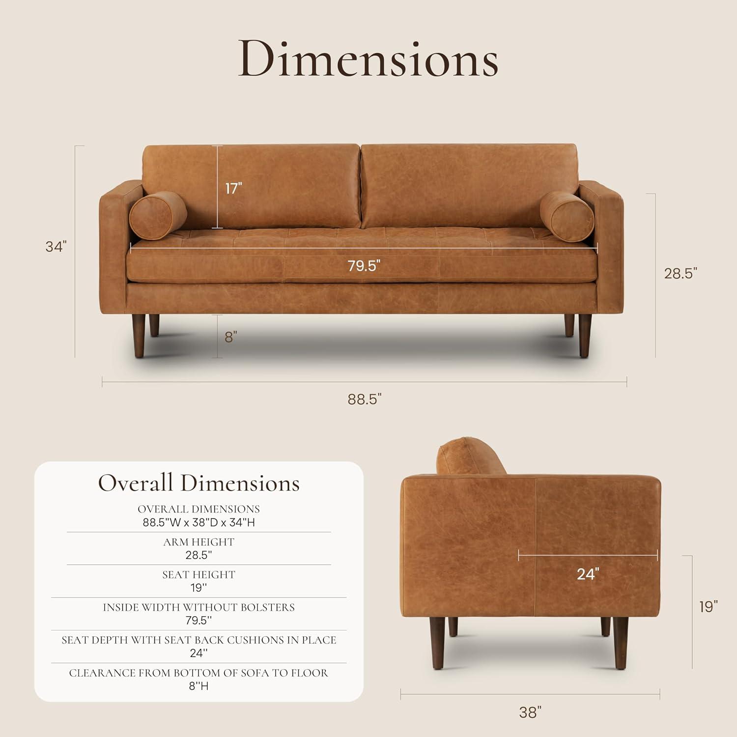 Napa 88.5'' Full-Grain Genuine Italian Leather Sofa
