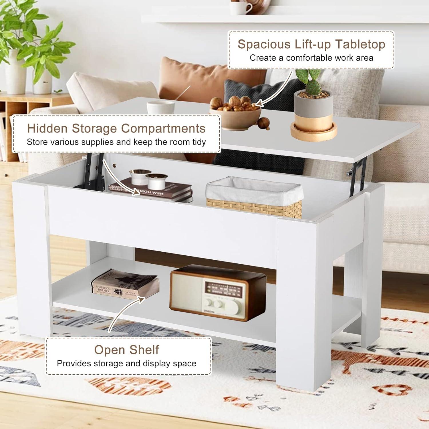 FDW Coffee Tables with Hidden Compartment and Storage Shelf Wooden Lift Tabletop Dining Table for Living Room Home (White)