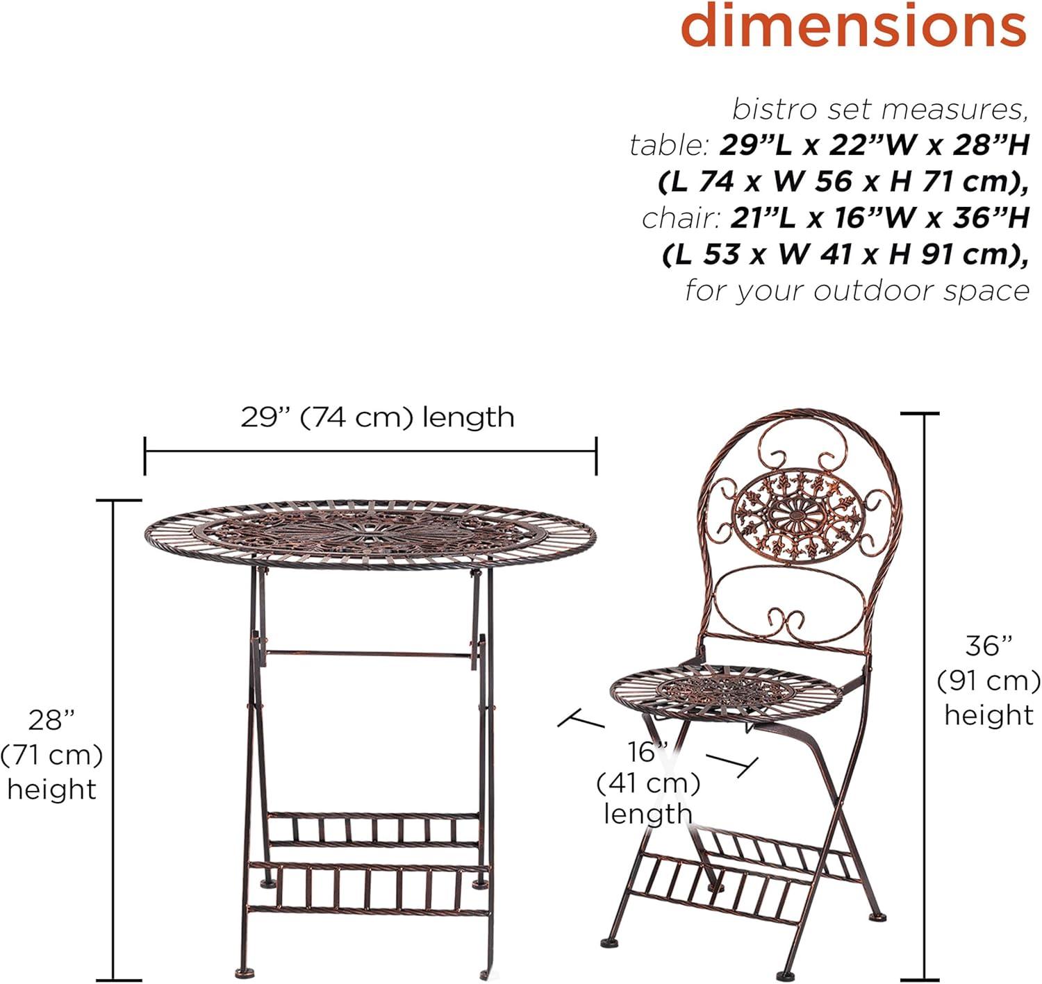 Alpine Corporation 3-Piece Metal Floral Outdoor Patio Bistro Set, Brown