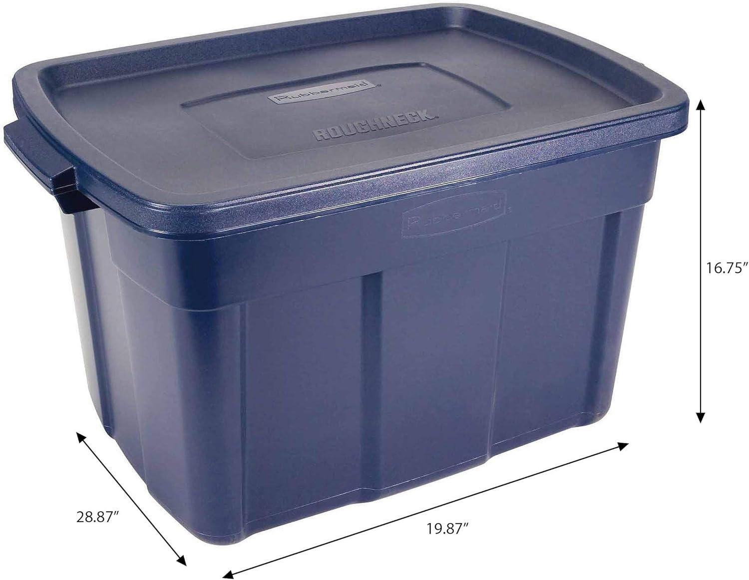 Rubbermaid Roughneck 25 Gallon Rugged Stackable Storage Container with Tight Lid for Indoor or Outdoor Home Organization, Dark Indigo Metallic, 4 Pack