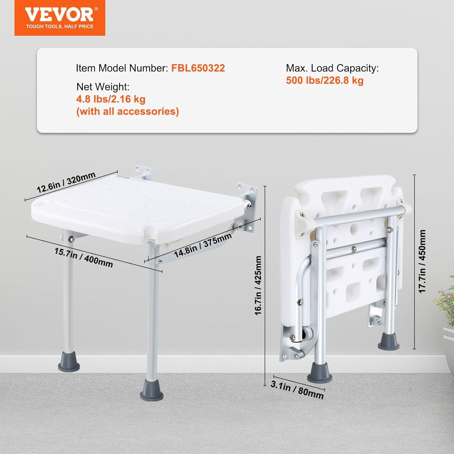 White Foldable Wall-Mounted Plastic Shower Seat with Stainless Steel Screws