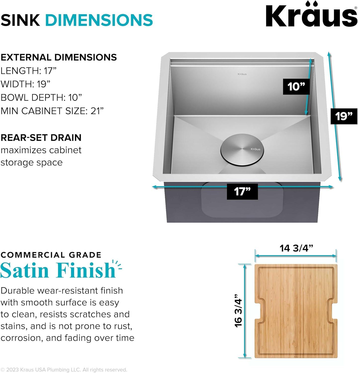 KRAUS Kore™ Workstation 17-inch L Undermount 16 Gauge Single Bowl Stainless Steel Bar Kitchen Sink