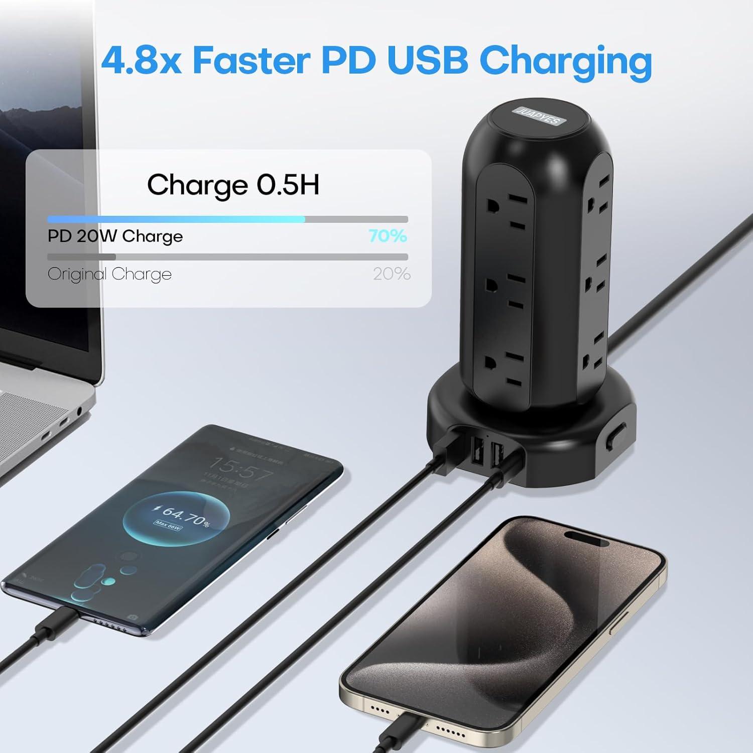 Surge Protector Power Strip Tower, 6.5ft Long Extension Cord with 4 USB (1-USB C) and 12 AC Multiple Outlets for Home Office Dorm Room