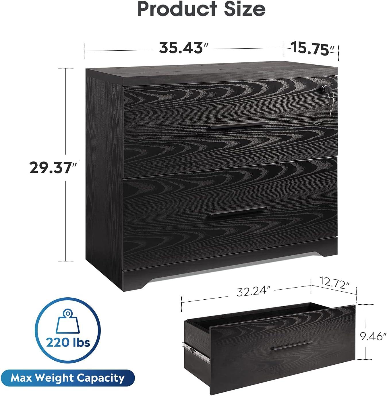 Black MDF 2-Drawer Lockable Lateral File Cabinet