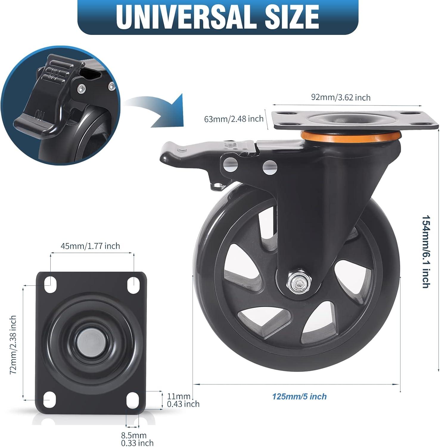 5 Inch Black Polyurethane Heavy Duty Caster Wheels with Brake