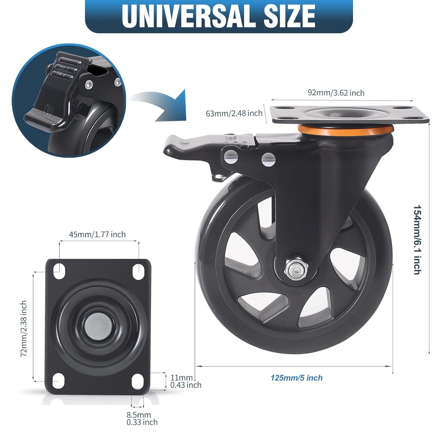 5 Inch Caster Wheels 2400Lbs, Castors Set of 4, Heavy Duty Casters with Brake, Safety Dual Locking Industrial Casters, No Noise Wheels with Polyurethane Foam (Two Hardware Kits Included)