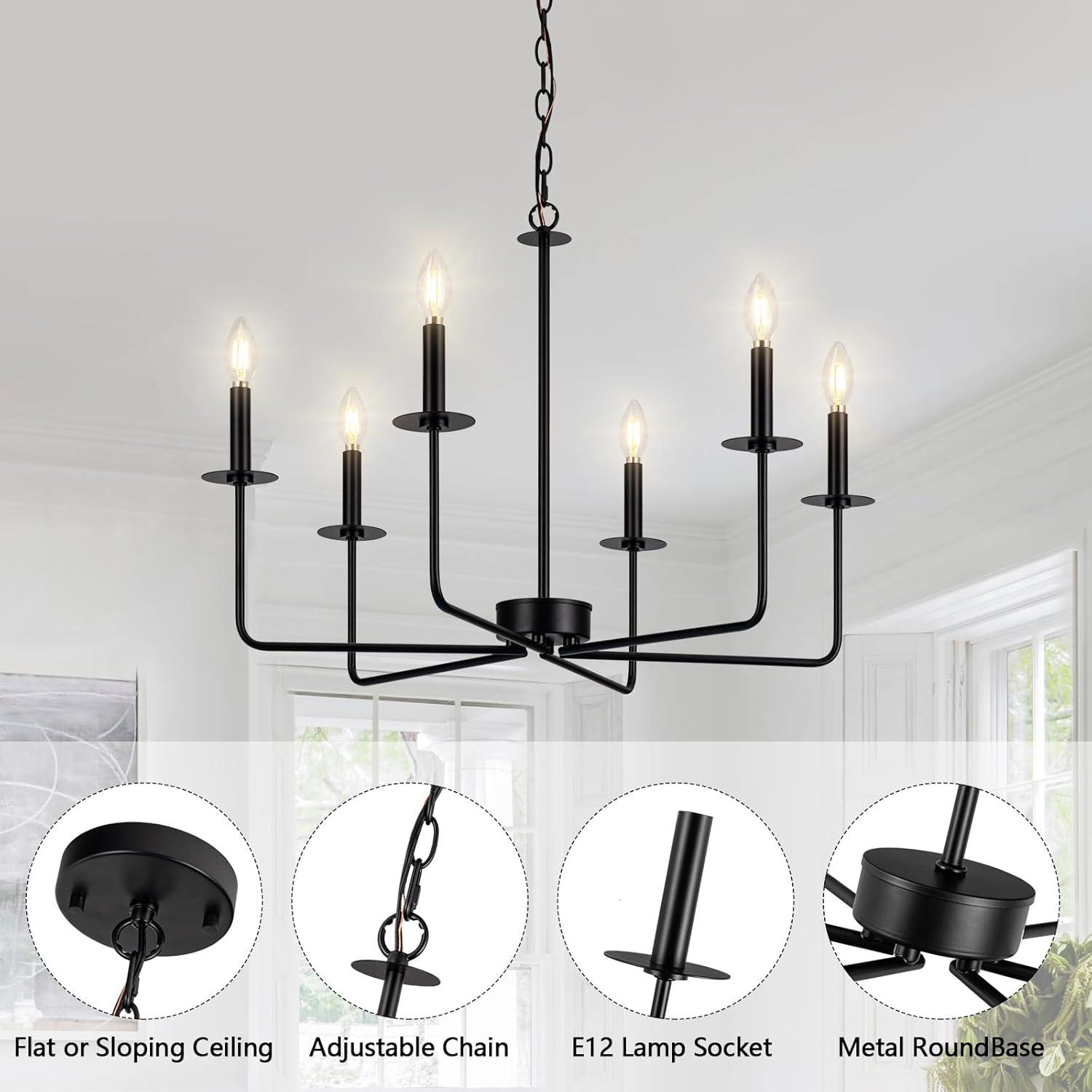 SineRise Black Chandelier, 6-Light Modern Farmhouse Chandelier, Candle Chandelier Light Fixtures, Rustic Industrial Chandelier for Entryway, Bedroom, Foyer and Living Room