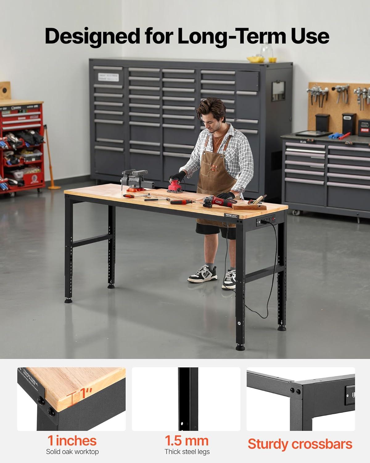 VEVOR 61'' W Wood Top Height-Adjustable Workbench