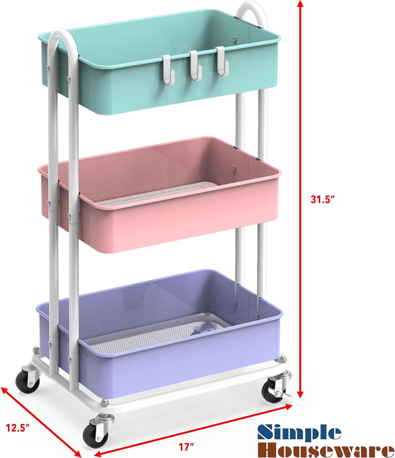 Multicolor Metal 3-Tier Utility Rolling Cart with Swivel Wheels