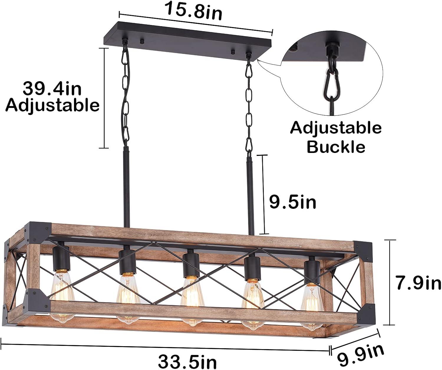 Bribyit Kitchen Island Lighting, 33.5-Inch 5 Lights Farmhouse Linear Chandelier for Dining Room Pool Table Pendant Light Fixture, Rustic Wood Grain Finish, Industrial Pendant Light