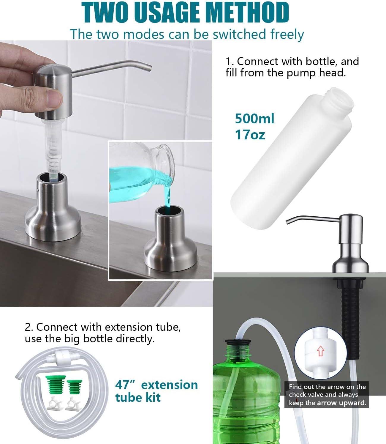 Brushed Stainless Steel Kitchen Sink Soap Dispenser with Extension Tube