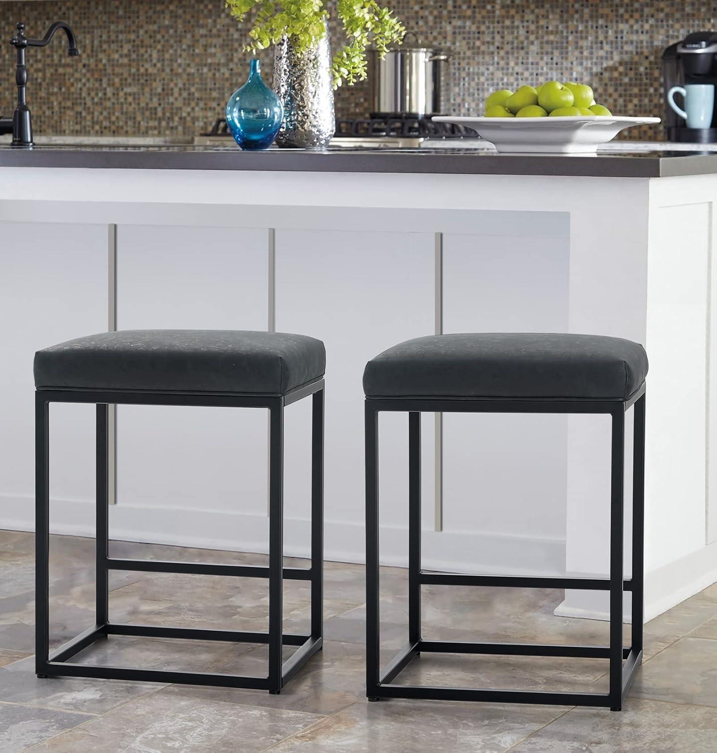 Lorelia Set of 2 Black 24 Inch Backless Counter Bar Stools Faux Leather Seat for Kitchen