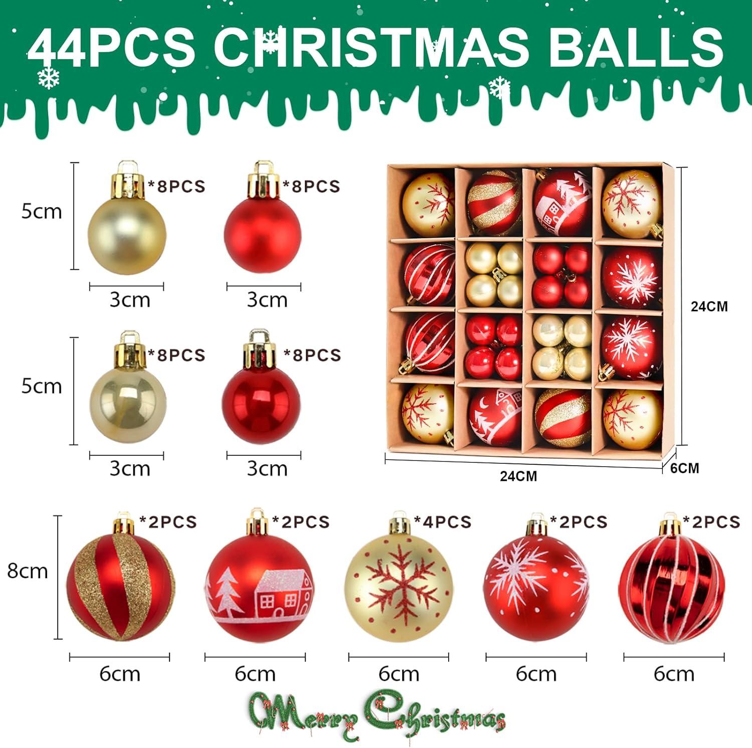 Zhourta 44Pcs Gold and Red Christmas Hanging Balls Christmas Proof Ball Ornaments for Party Holiday Christmas Tree Supplies Home Yard Decorh