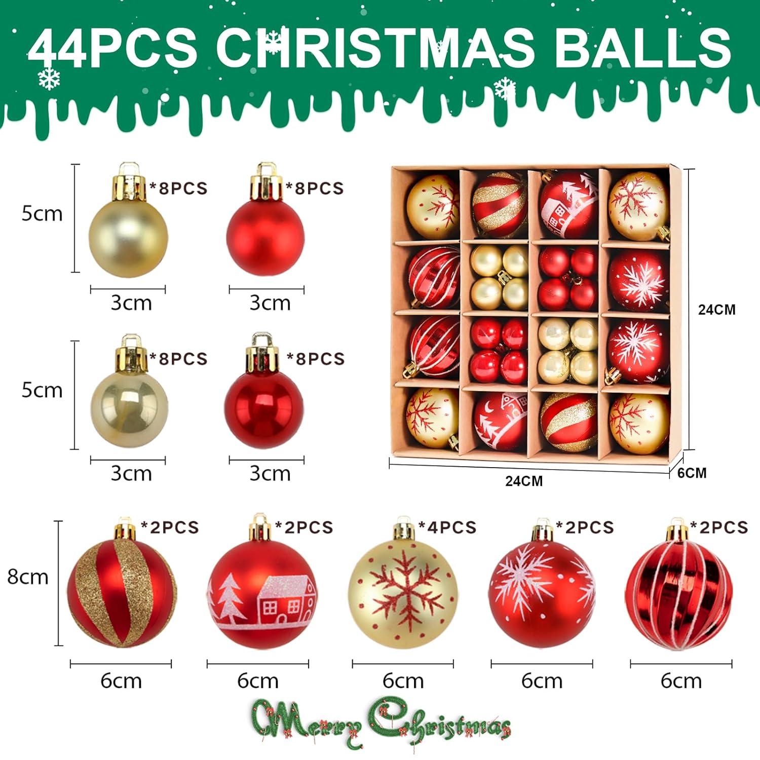 Zhourta 44Pcs Gold and Red Christmas Hanging Balls Christmas Proof Ball Ornaments for Party Holiday Christmas Tree Supplies Home Yard Decorh