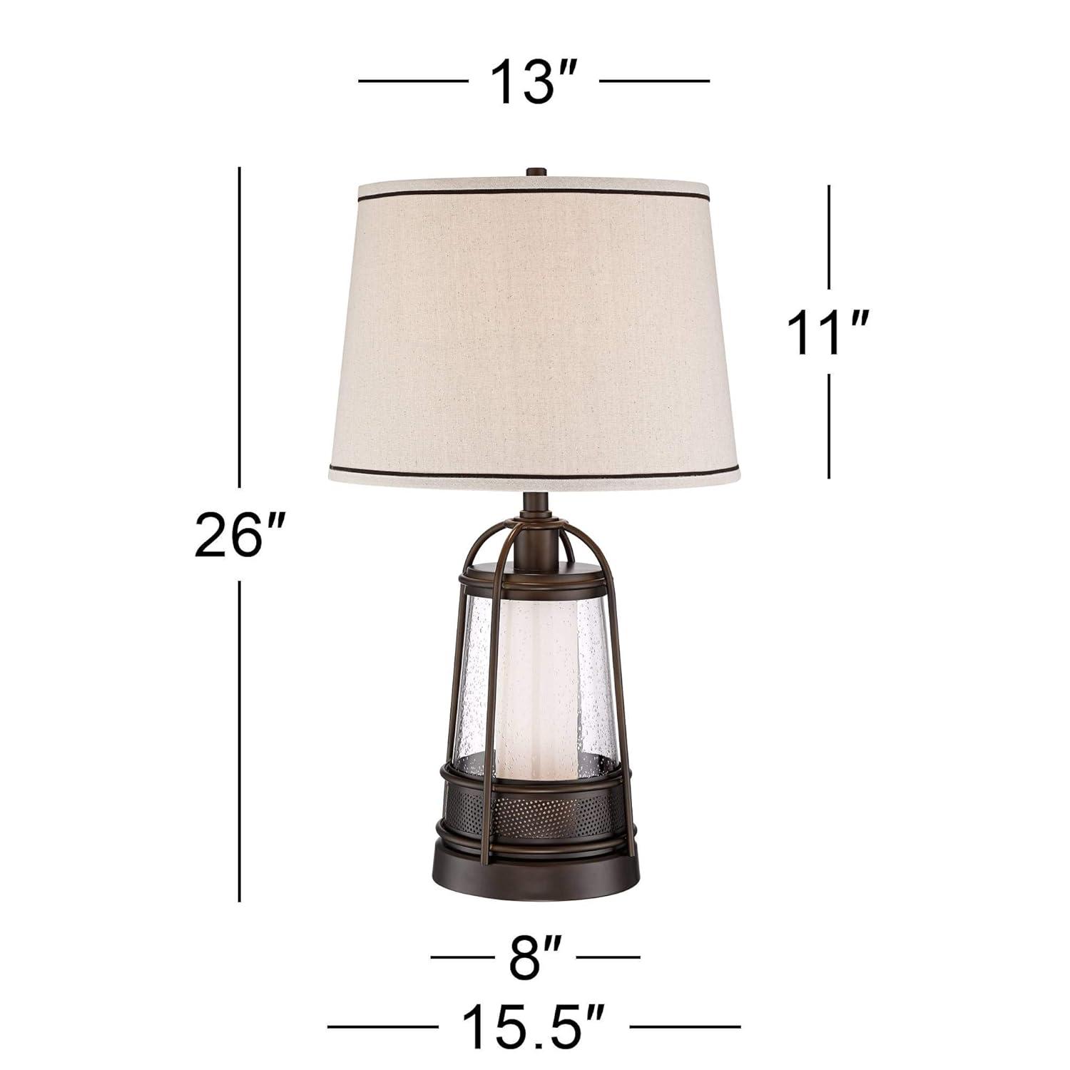 Franklin Iron Works Hugh Industrial Rustic Table Lamp 26" High Bronze Metal Seeded Glass with LED Nightlight Off White Shade for Bedroom Living Room