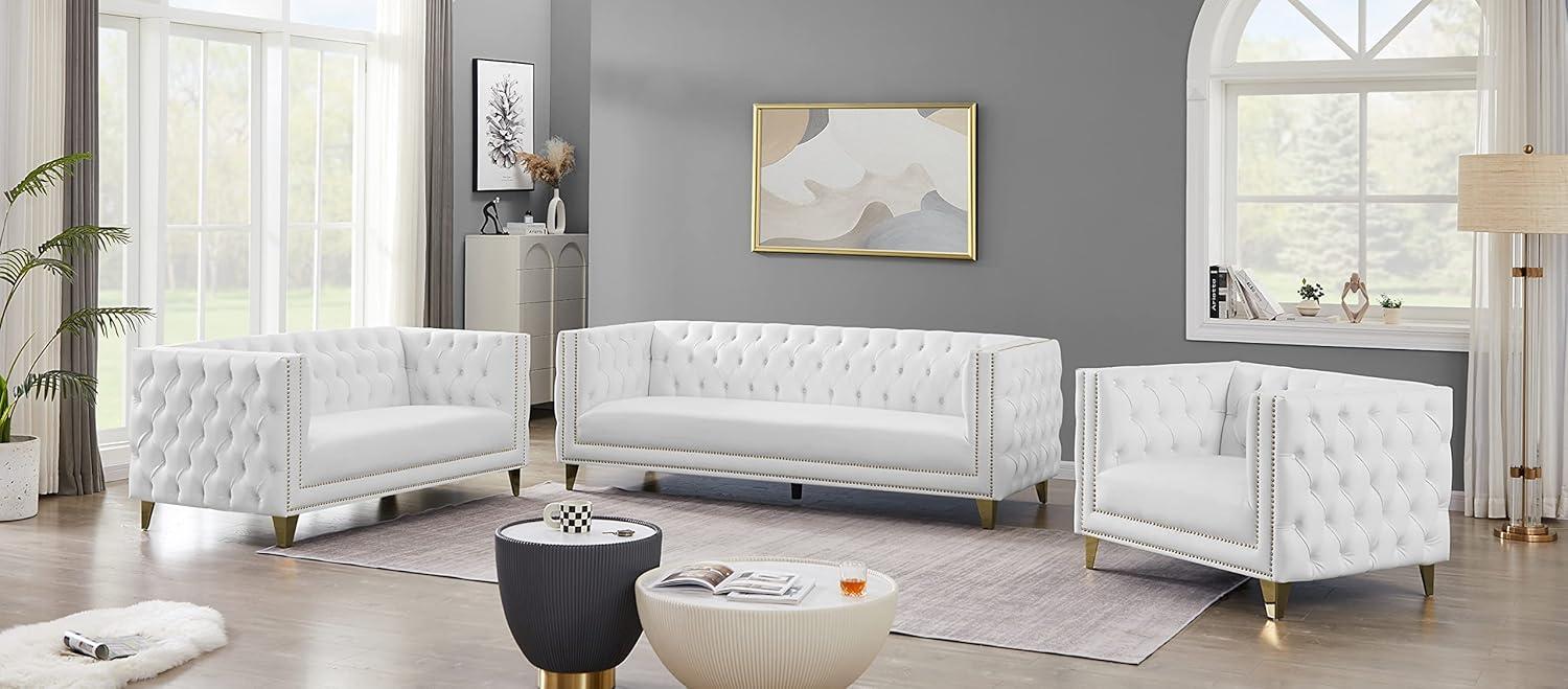 Michelle 90'' White Faux Leather Tufted Sofa with Gold Nailhead Trim