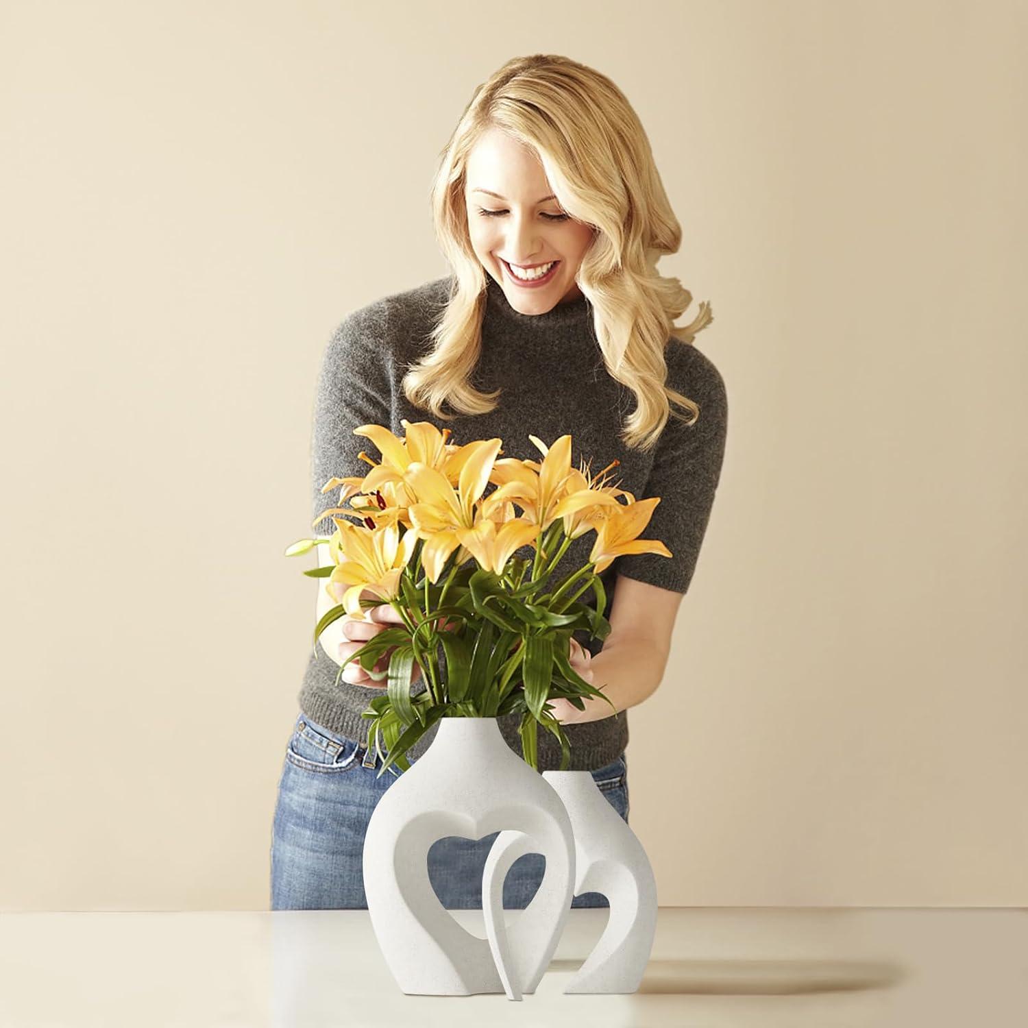 Ivy Bronx White Vases For Decor, Heart Shaped Ceramic Vase Set Of 2, Nordic Heart Shaped Vases, Minimalist Decorative Vase For Table Centerpiece Wedding Dining Living Room Office House Decoration