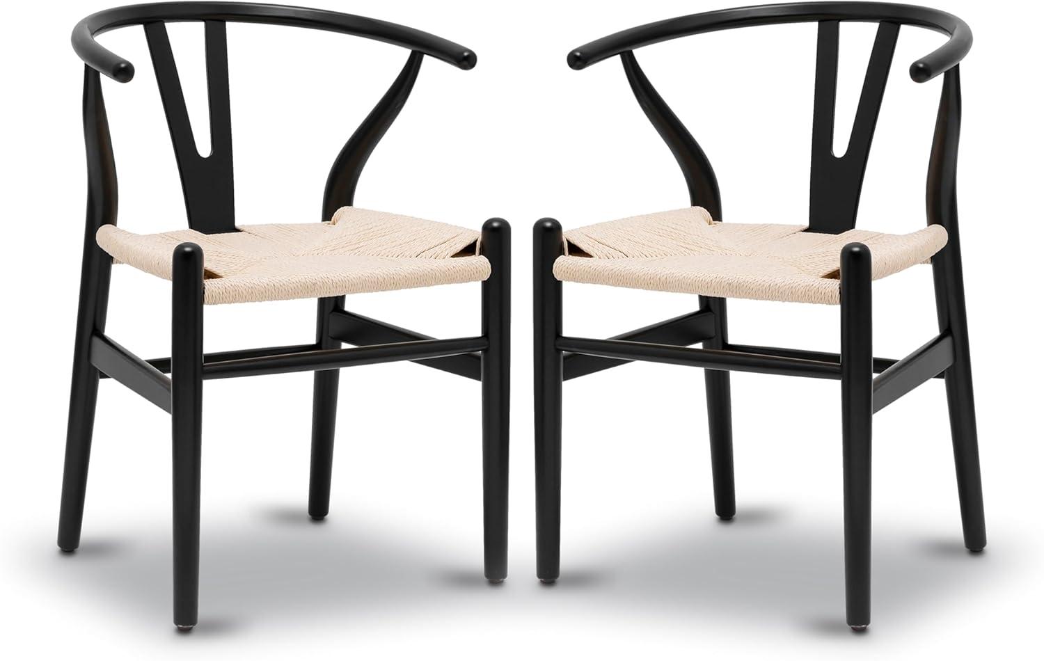 Black Wood Arm Chairs with Woven Seats, Set of 2