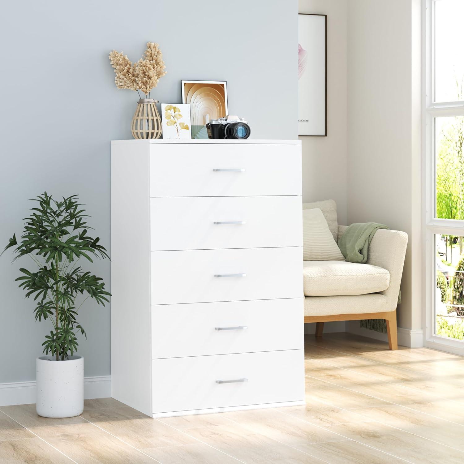 White Vertical 5-Drawer Dresser with Metal Handles