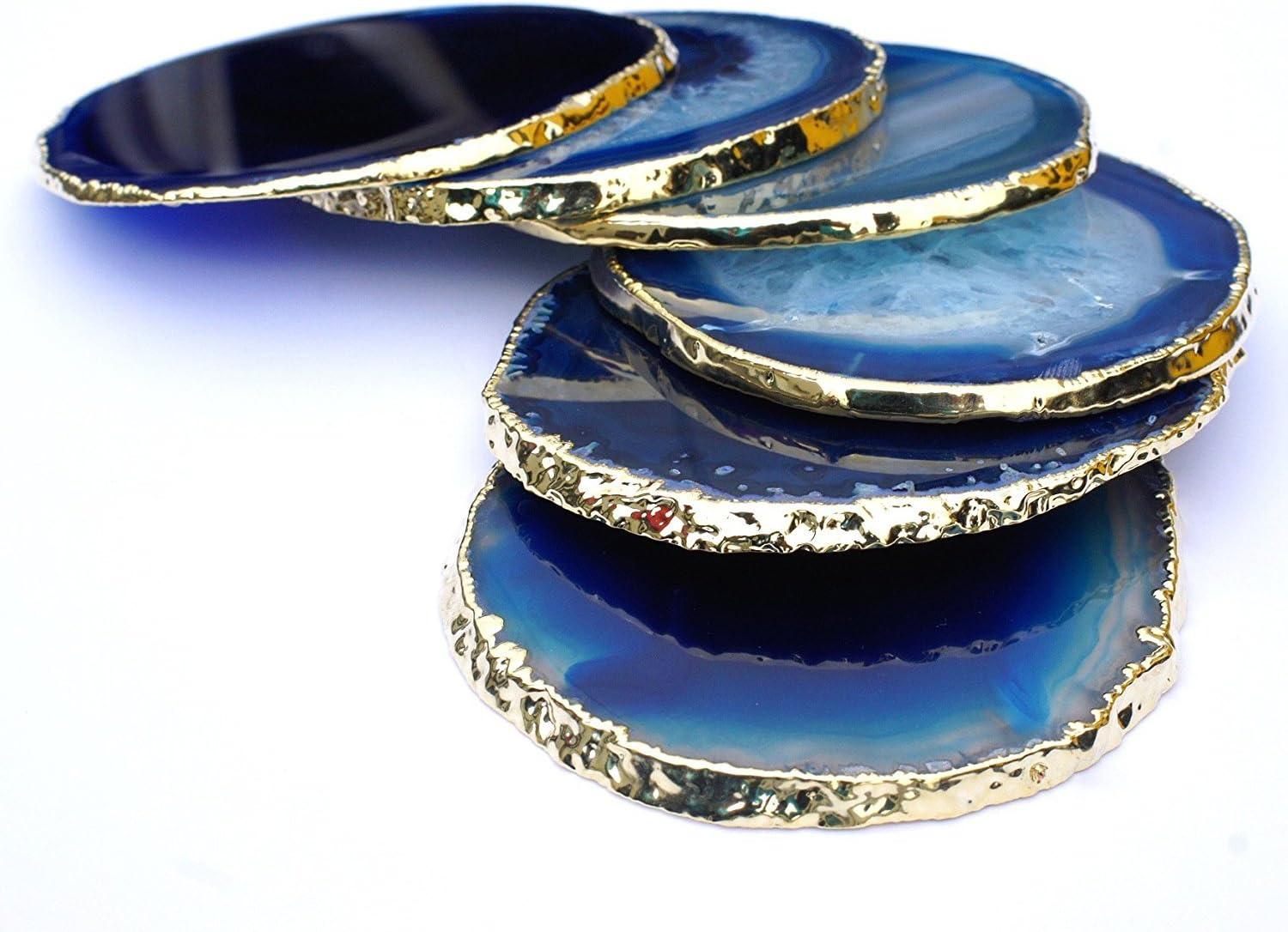 Set of 4 Blue Agate Stone Coasters with Gold Edges