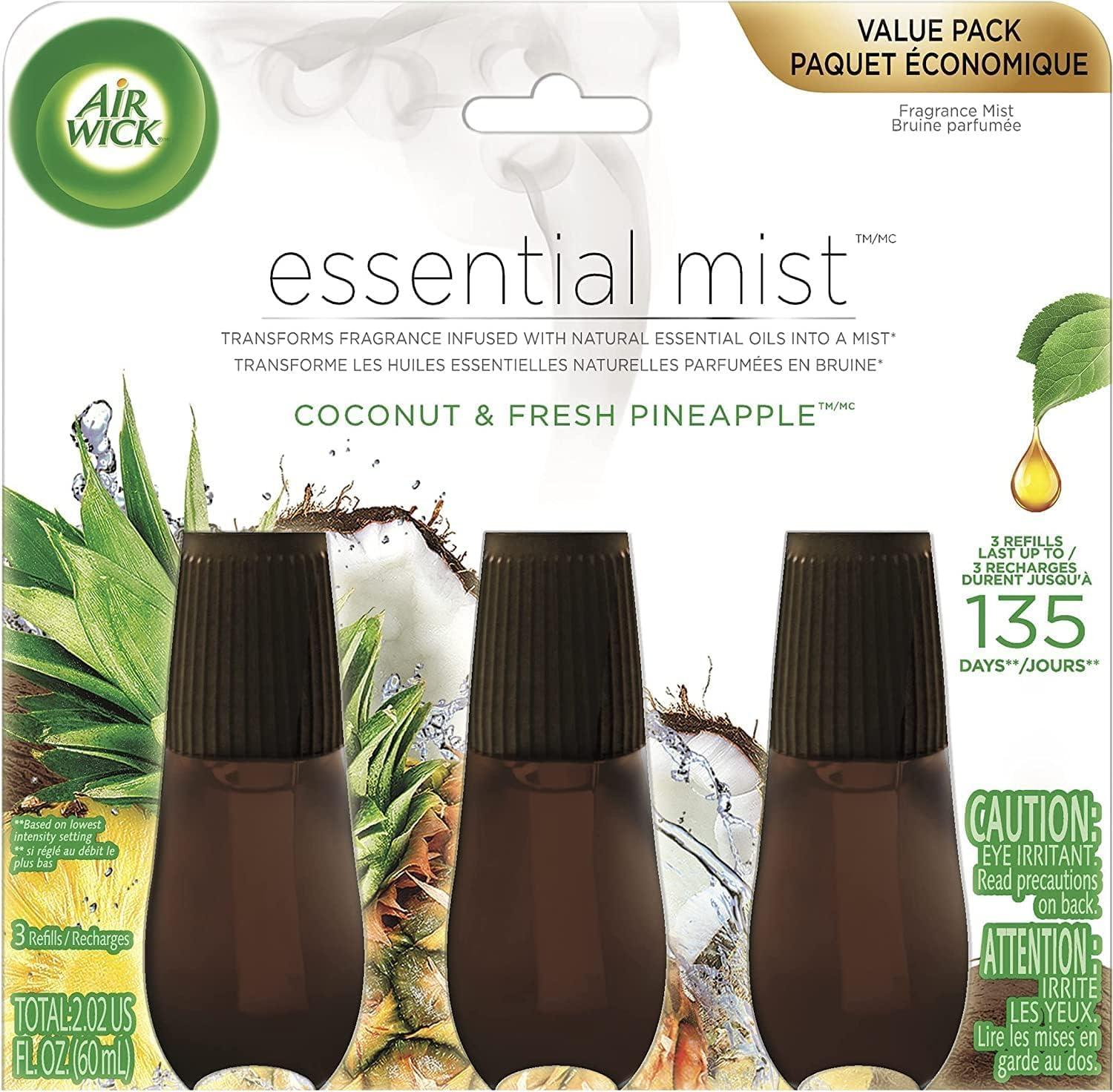 Air Wick Essential Mist Refill, 3 ct, Coconut and Pineapple, Essential Oils Diffuser, Air Freshener