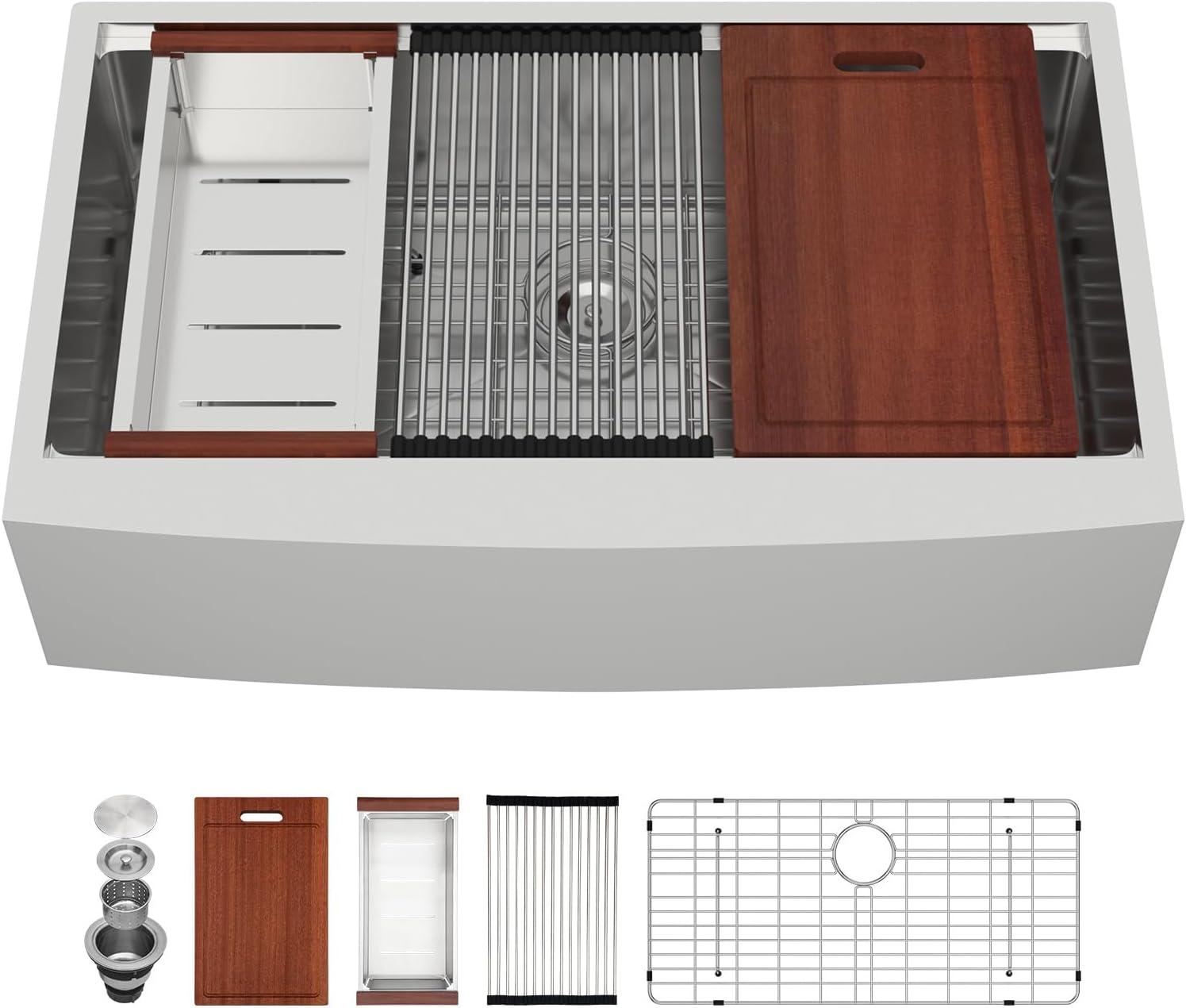 36 Farmhouse Sink Stainless Steel Kitchen Sink Apron Front Ledge Workstation Single Bowl Farm Sink