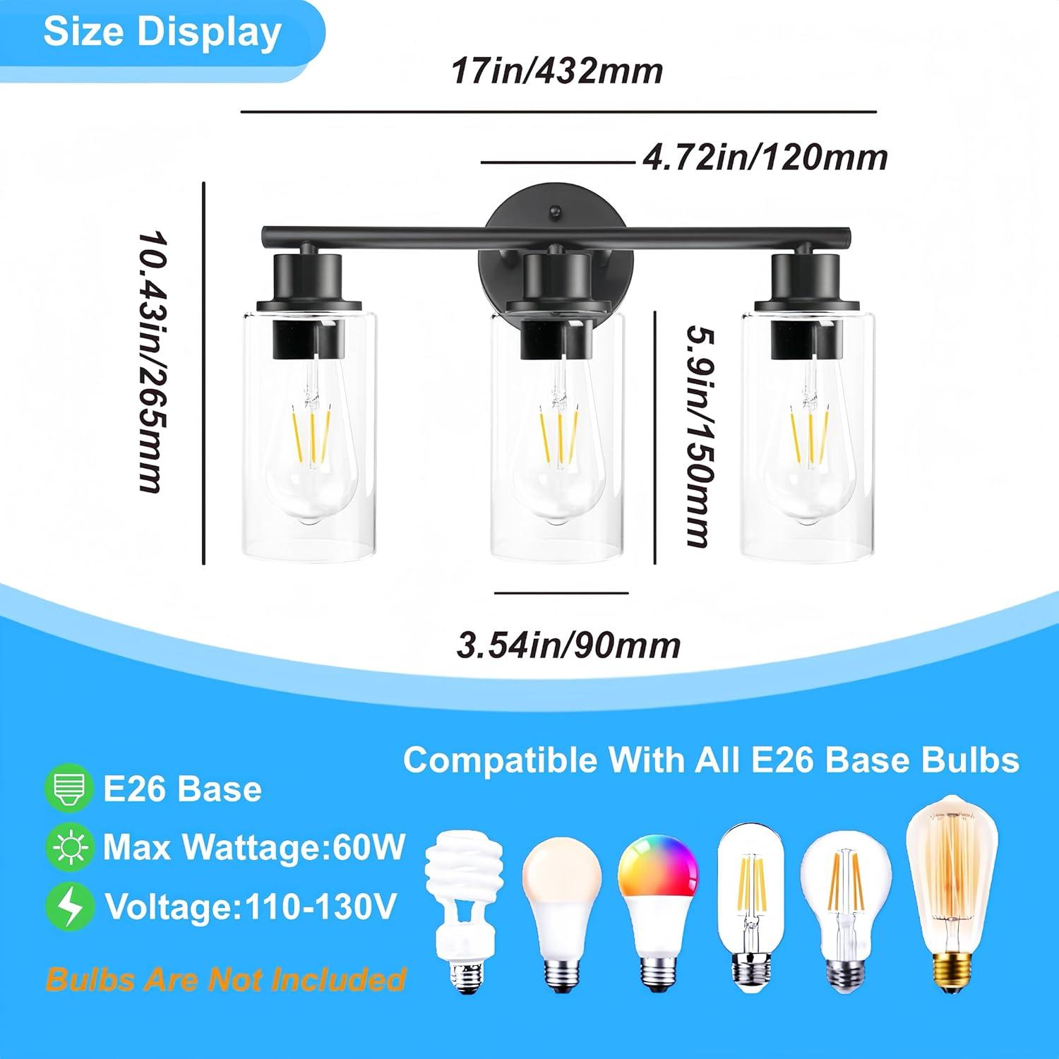 3-Light Bathroom Light Fixtures Bathroom Vanity Lights with Clear Glass Shades Matte Black Bathroom Light Fixtures over mirror for Mirror Living Room Cabinet Bedroom Porch