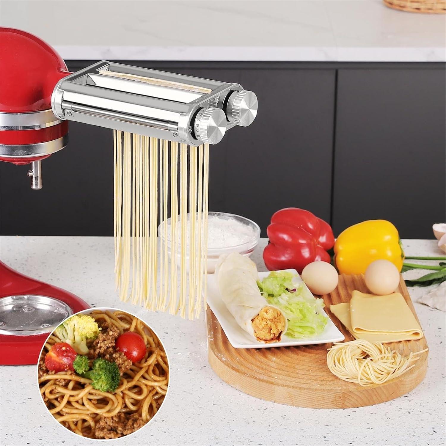 Pasta Maker Attachment for KitchenAid Mixers,3 in 1 Set Included Pasta Sheet Roller, Spaghetti Cutter, Fettuccine Cutter Accessories and Cleaning Brush