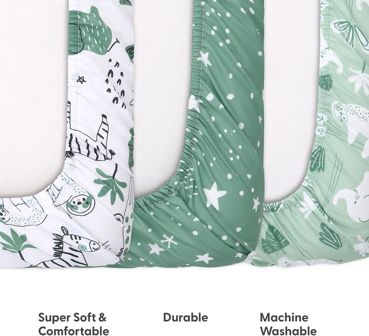 The Peanutshell Mini Crib Sheet Set - 3 Pack - Multiuse for Pack & Play, Playard, Playpen, Mini Crib - Green Safari Animals