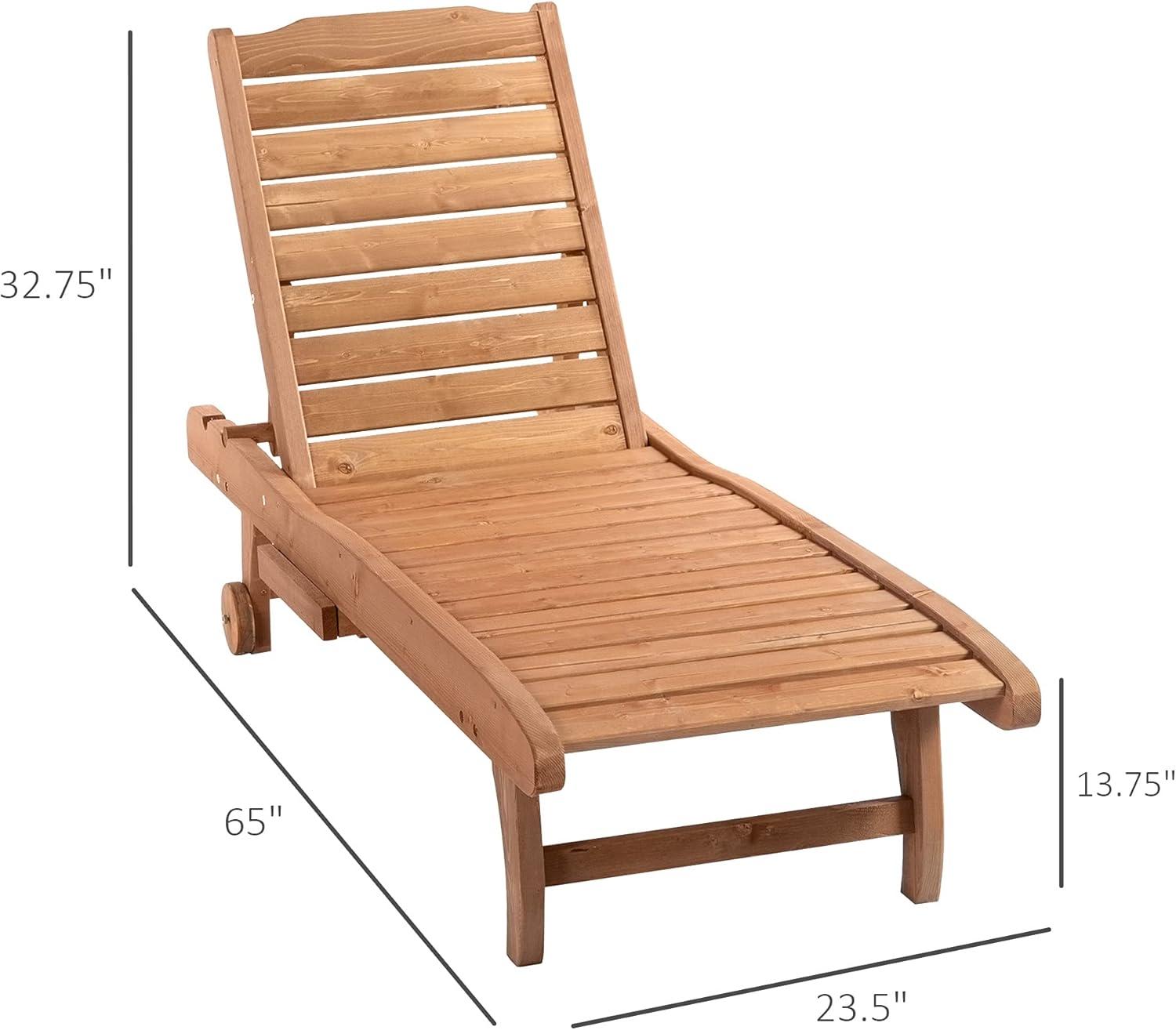 Outsunny Outdoor Chaise Lounge Pool Chair, Built-In Table, Reclining Backrest for Sun tanning/Sunbathing, Rolling Wheels, Red Wood Look