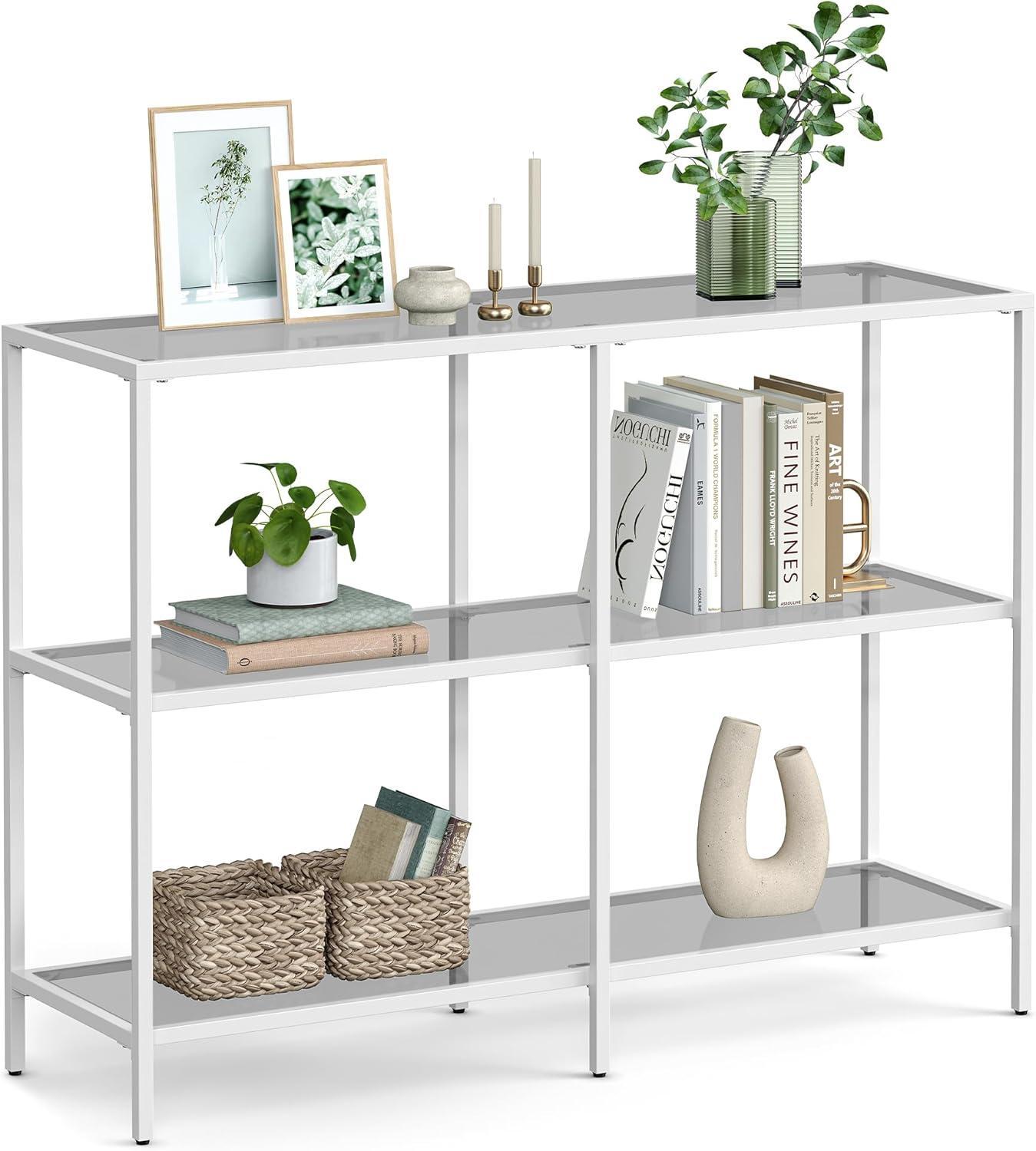 Pearl White and Slate Gray Metal Glass Console Table with Storage