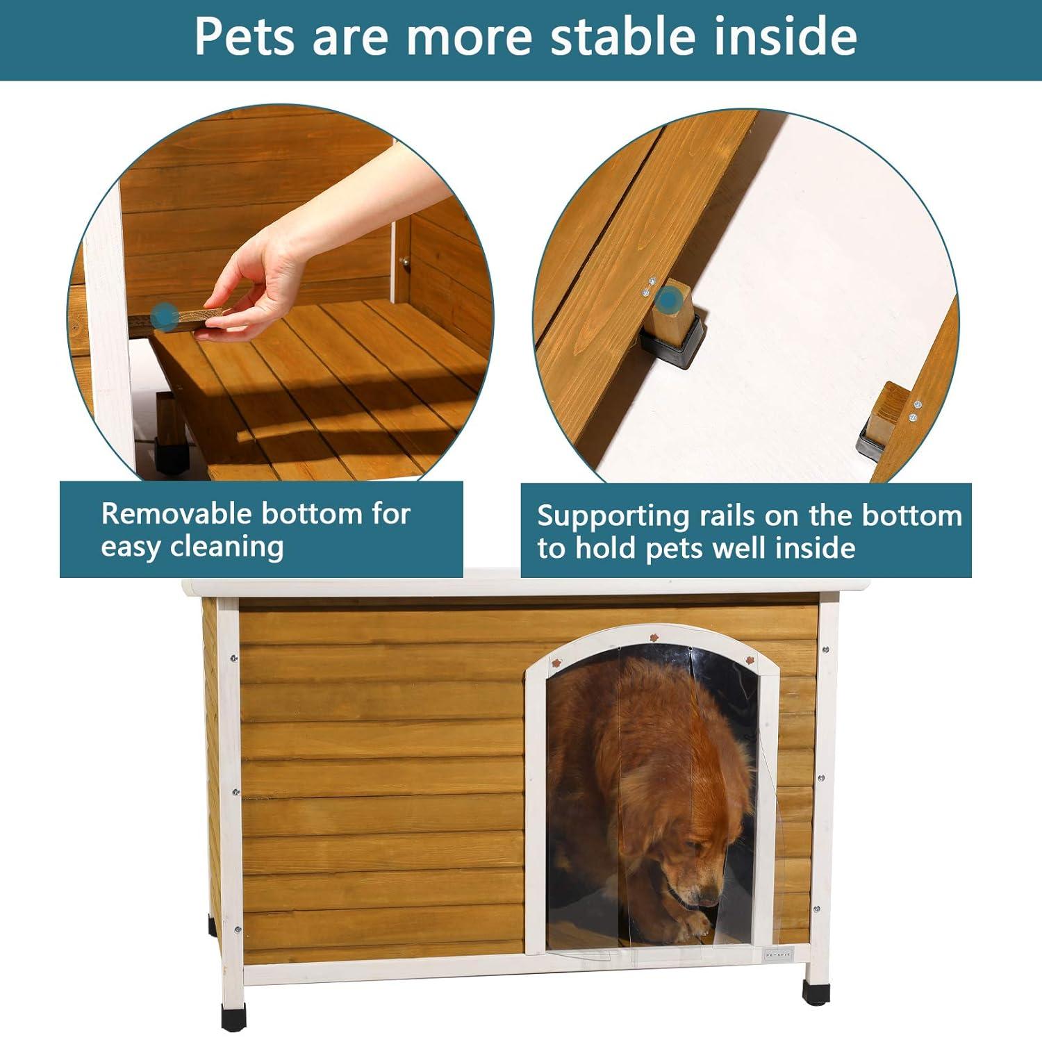 Petsfit Wooden Dog House for Medium to Large Dogs, Yellow and White, large/45.6" x 30.9" x 32.1"
