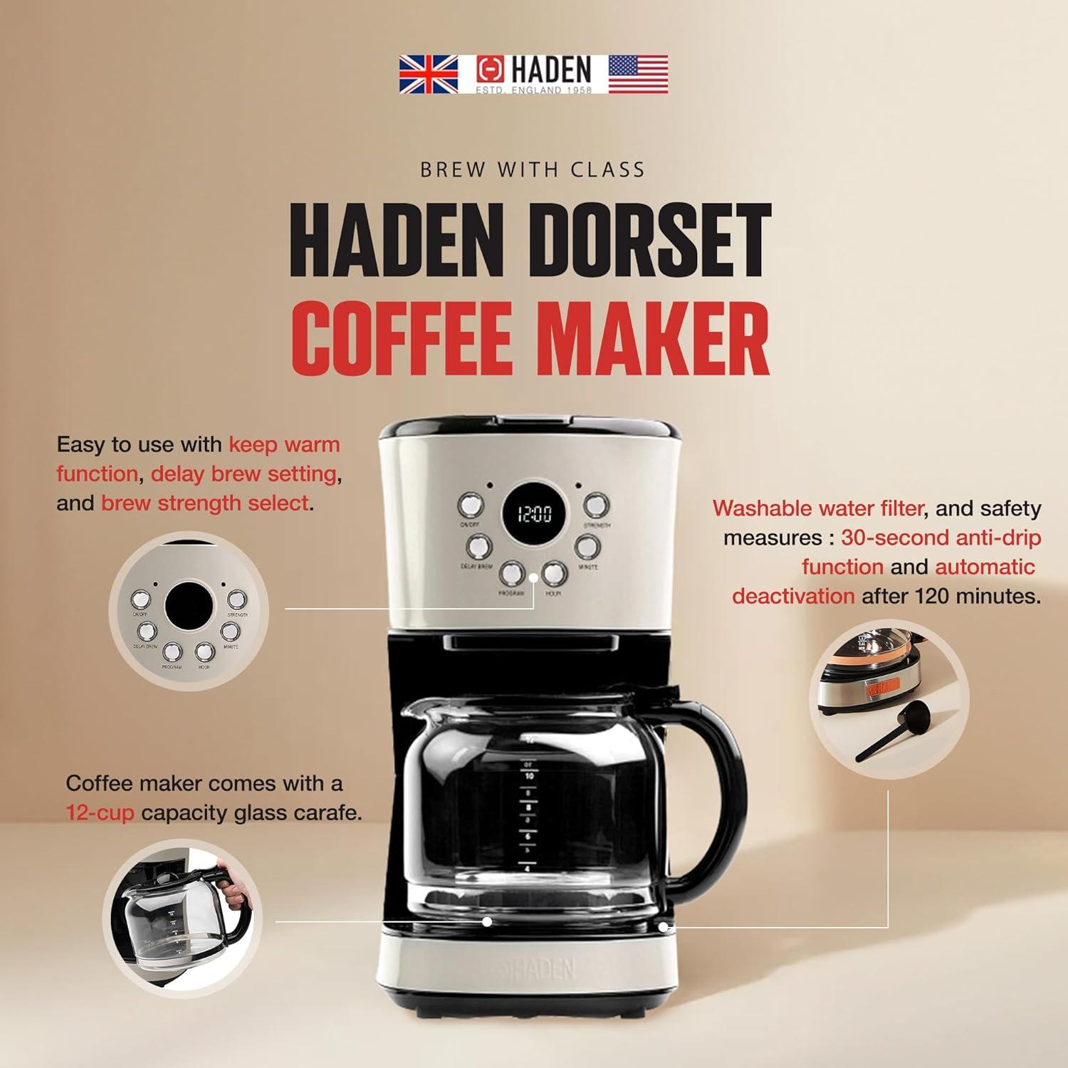 Haden Retro Style 12 Cup Programmable Home Coffee Maker Machine with Carafe and Wide Slot Stainless Steel Retro 2-Slice Toaster, Putty Beige