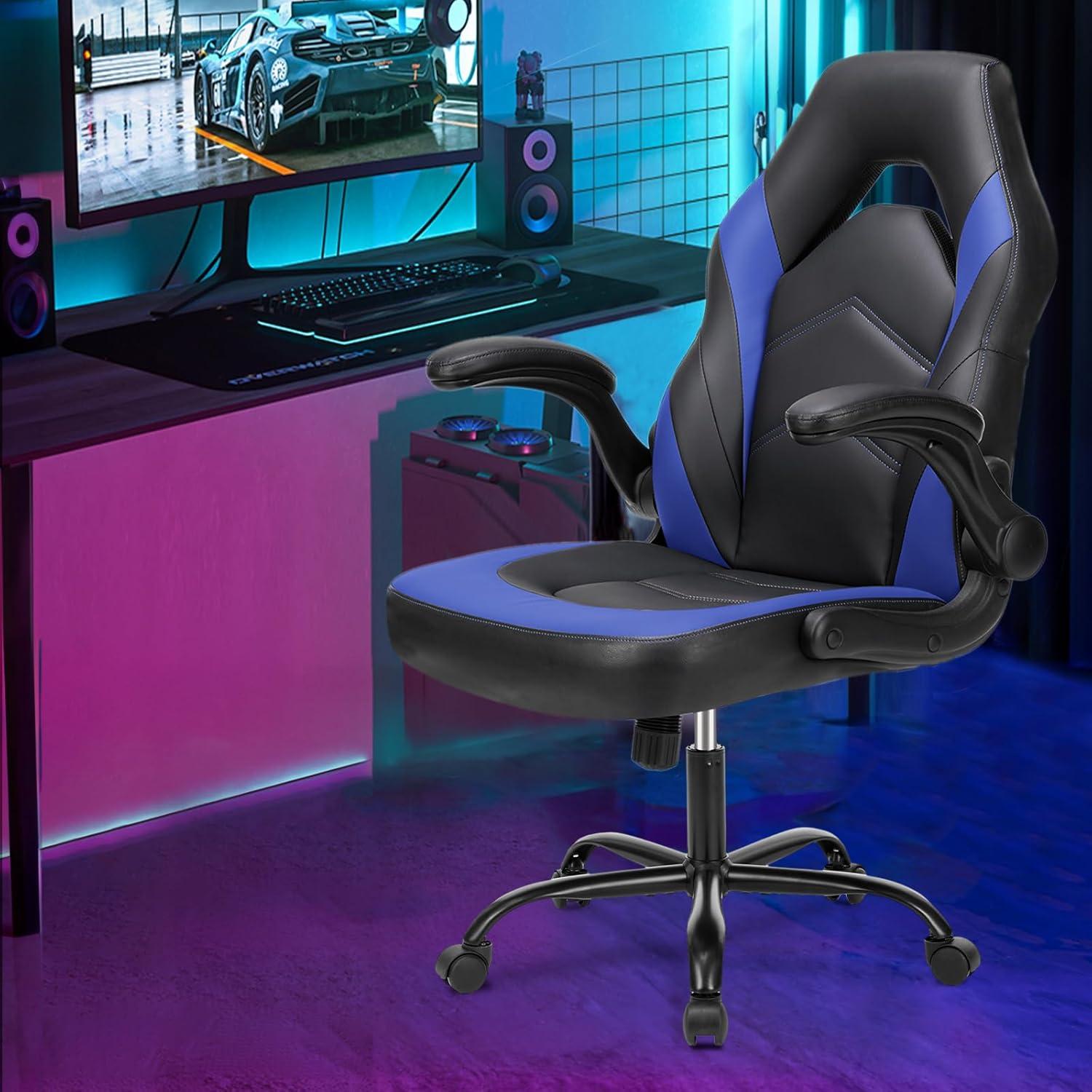 Black and Blue PU Leather Adjustable Gaming Chair with Flip-up Armrests