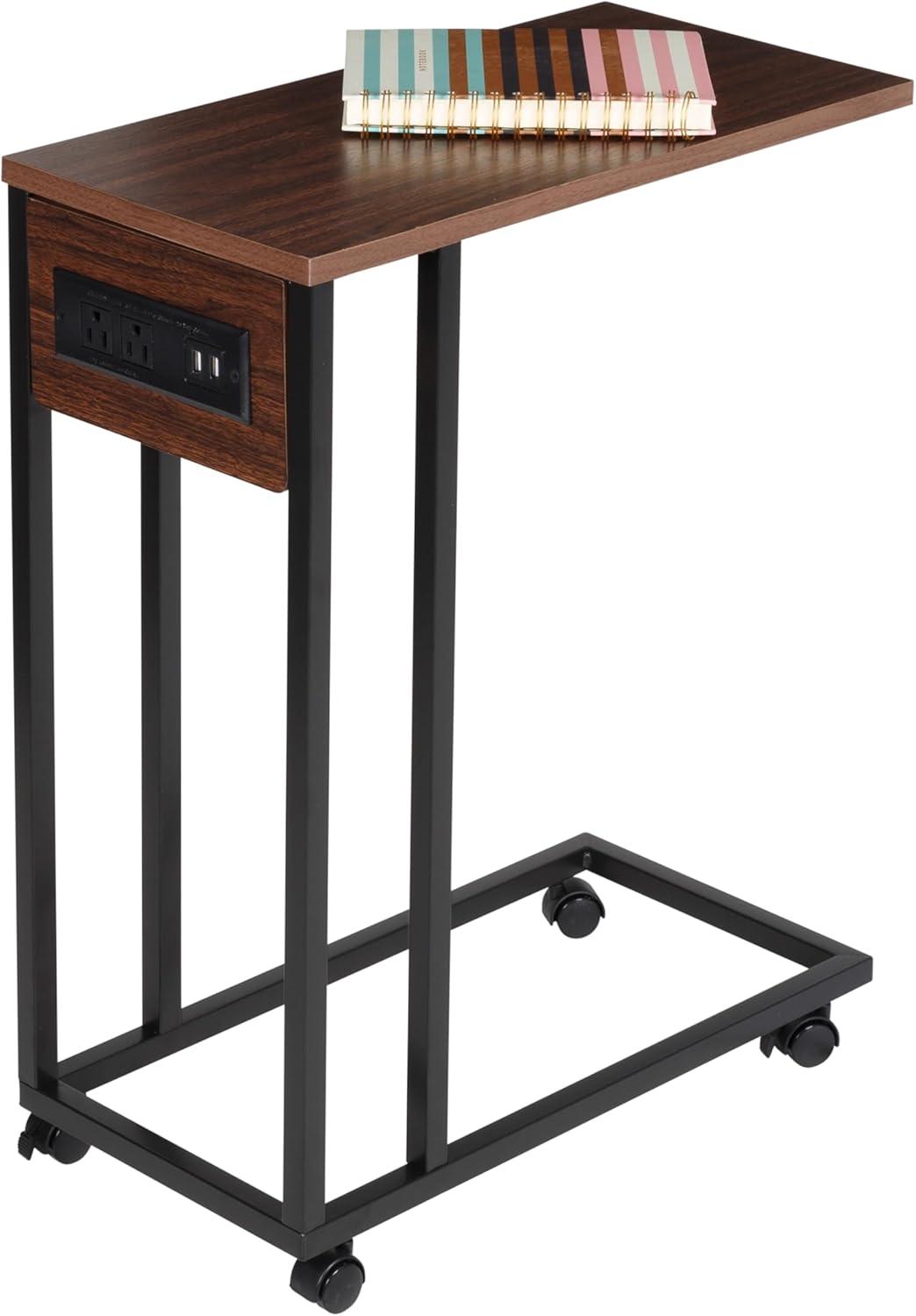 Walnut & Black Steel Modern C-Shaped Side Table with Charging Station