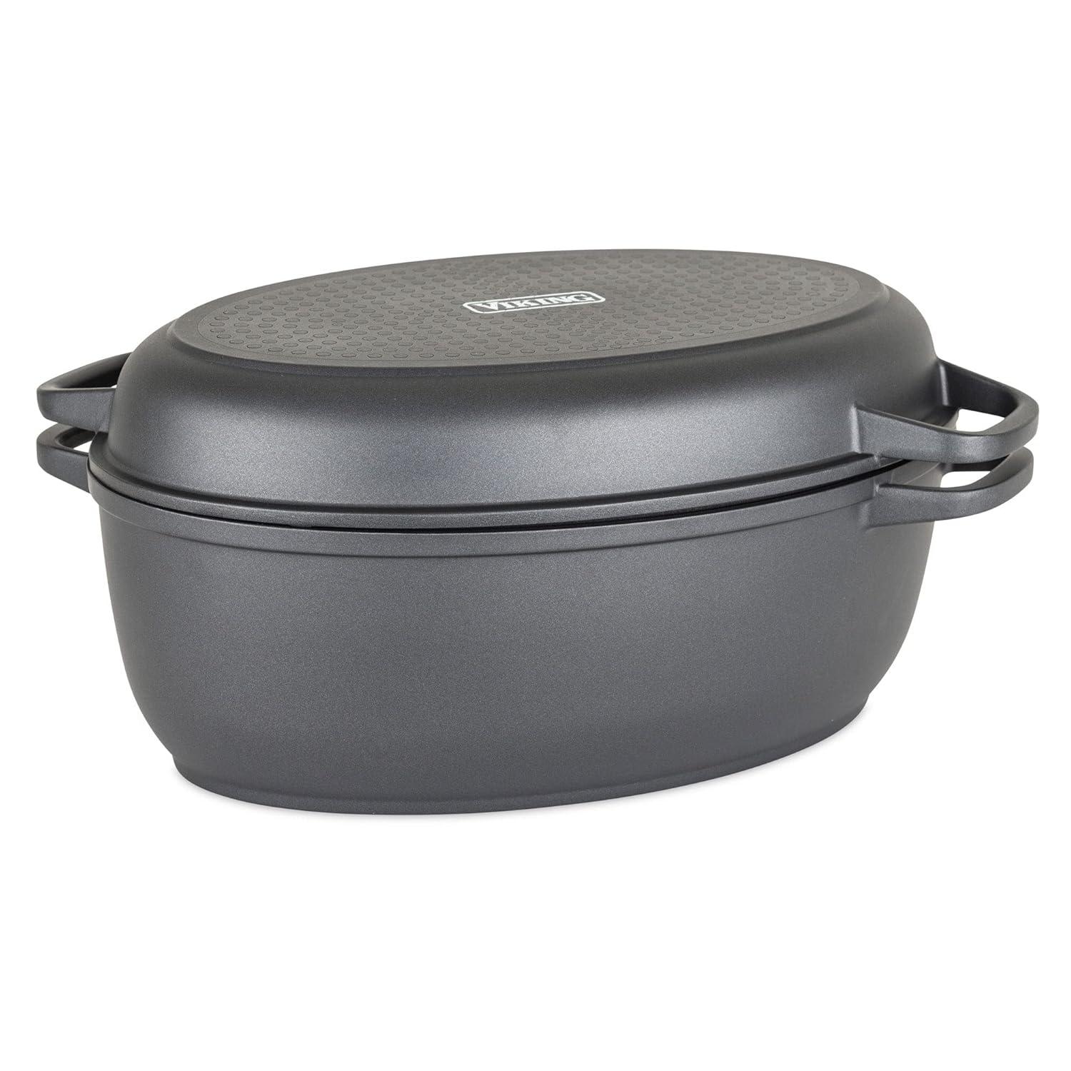 Viking Culinary 3-in-1 8.6 Qt Die Cast Oval Roaster with Glass Basting Lid,Gray,40041-1632C