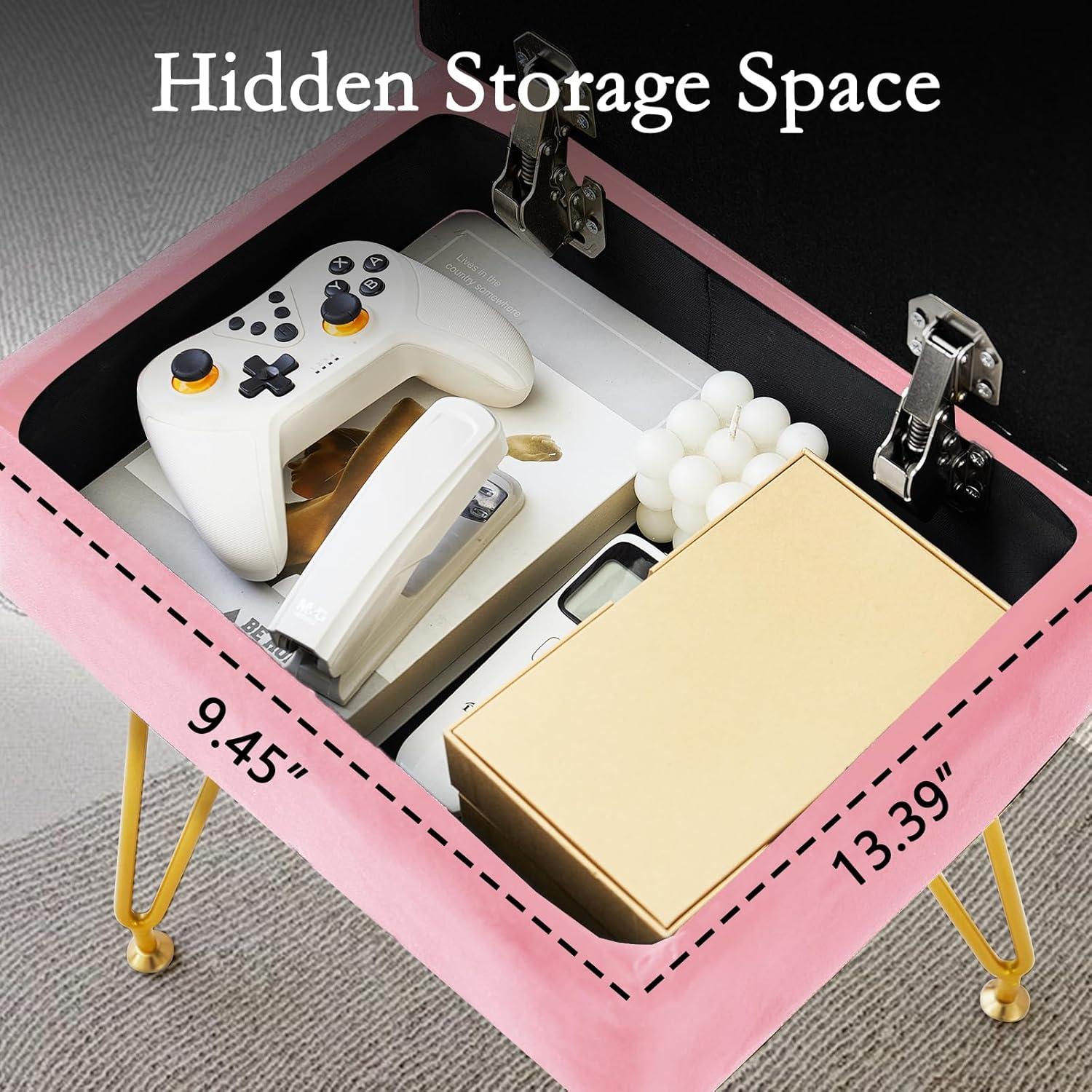 Vanity Stool Chair with Storage, Square Velvet Makeup Vanity Chair with Metal Legs & Adjustable Gold Feet, Flip Top Ottoman Foot Rest with Soft Padded Seat for Bedroom Living Room, Black