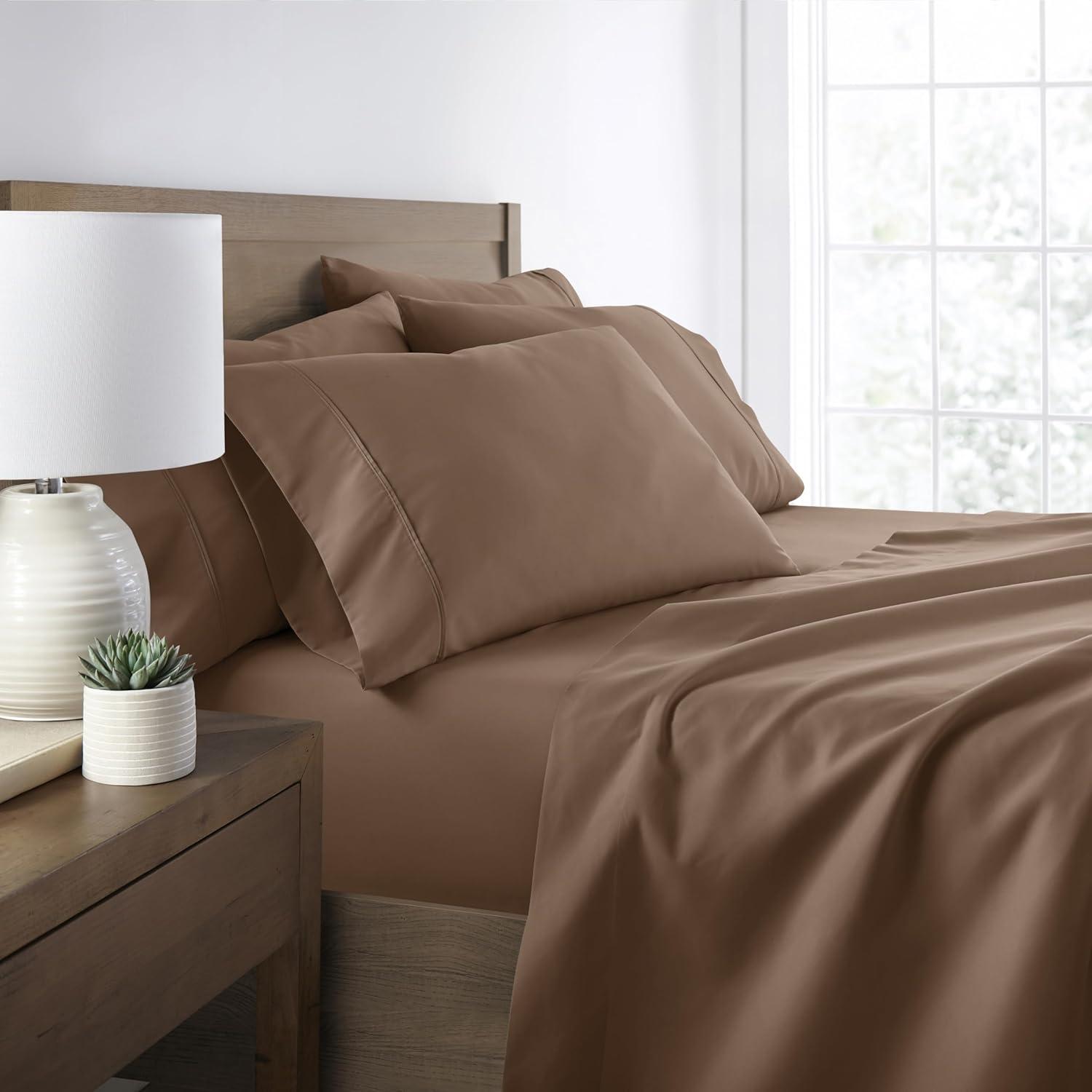 Twin, Taupe Solid Microfiber 6 Piece Bed Sheet Set, by Noble Linens