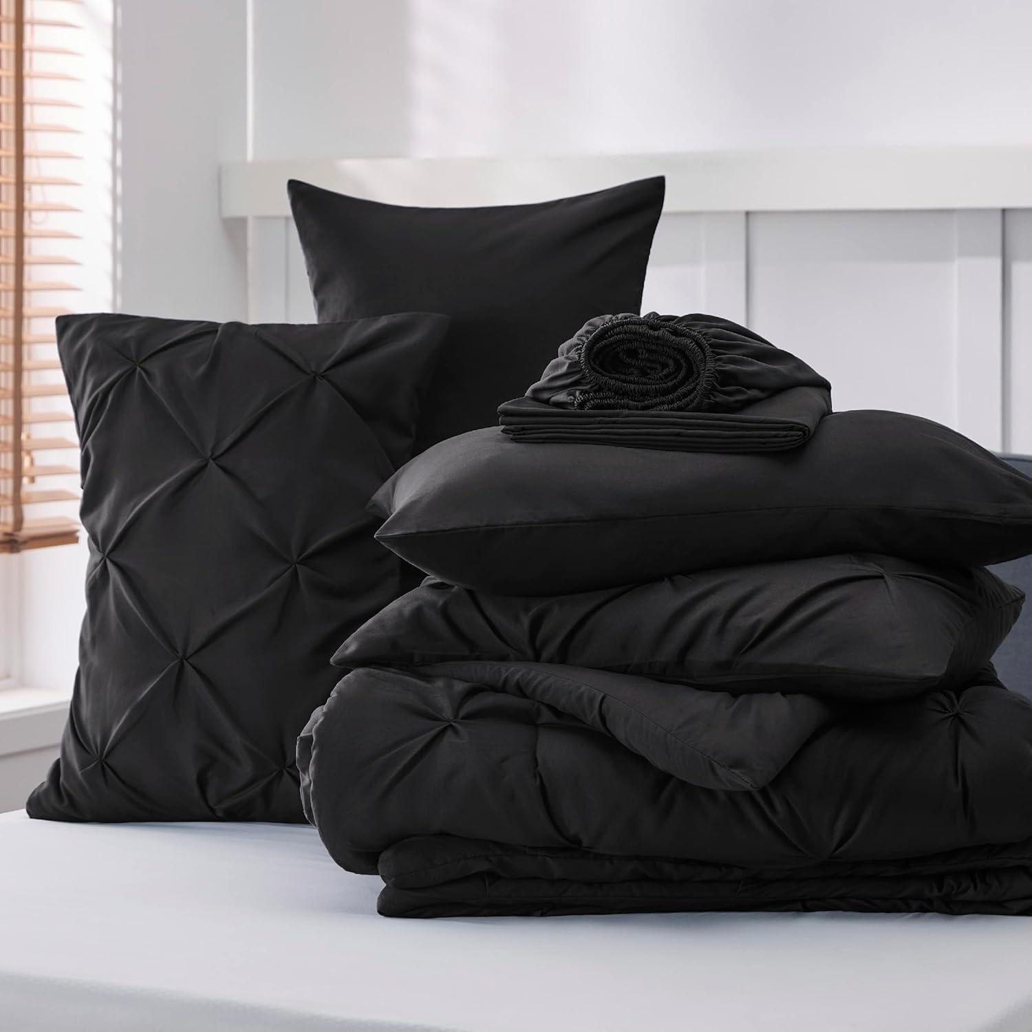 Black King Size Comforter Set - Bedding Set King 7 Pieces, Pintuck Bed in a Bag Black Bed Set with Comforter, Sheets, Pillowcases & Shams